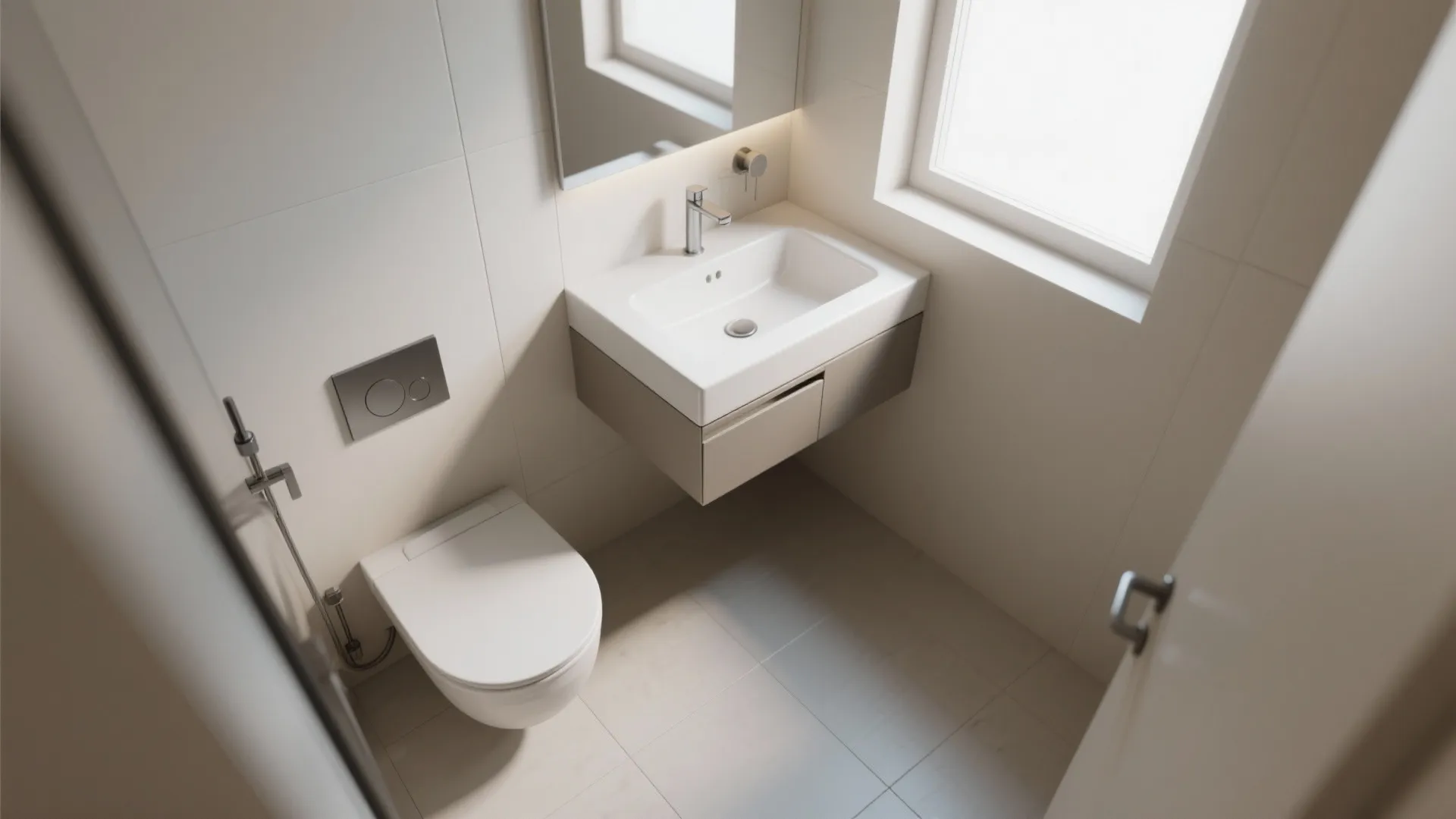 Top view of a small bathroom layout with white toilet wall hung cabinet and sink
