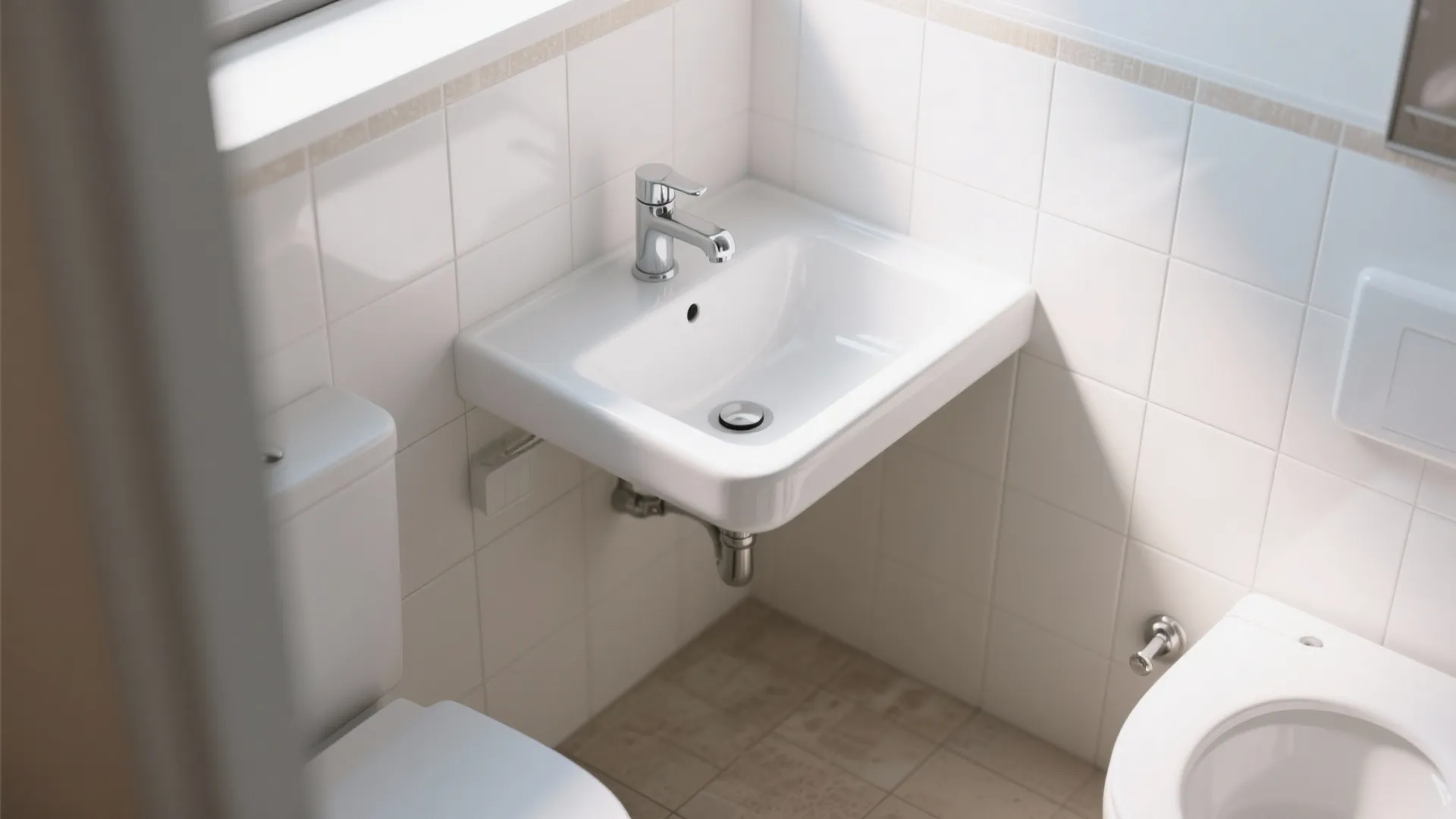 Small white wall mounted sink in bathroom corner with metal tap next to white toilet
