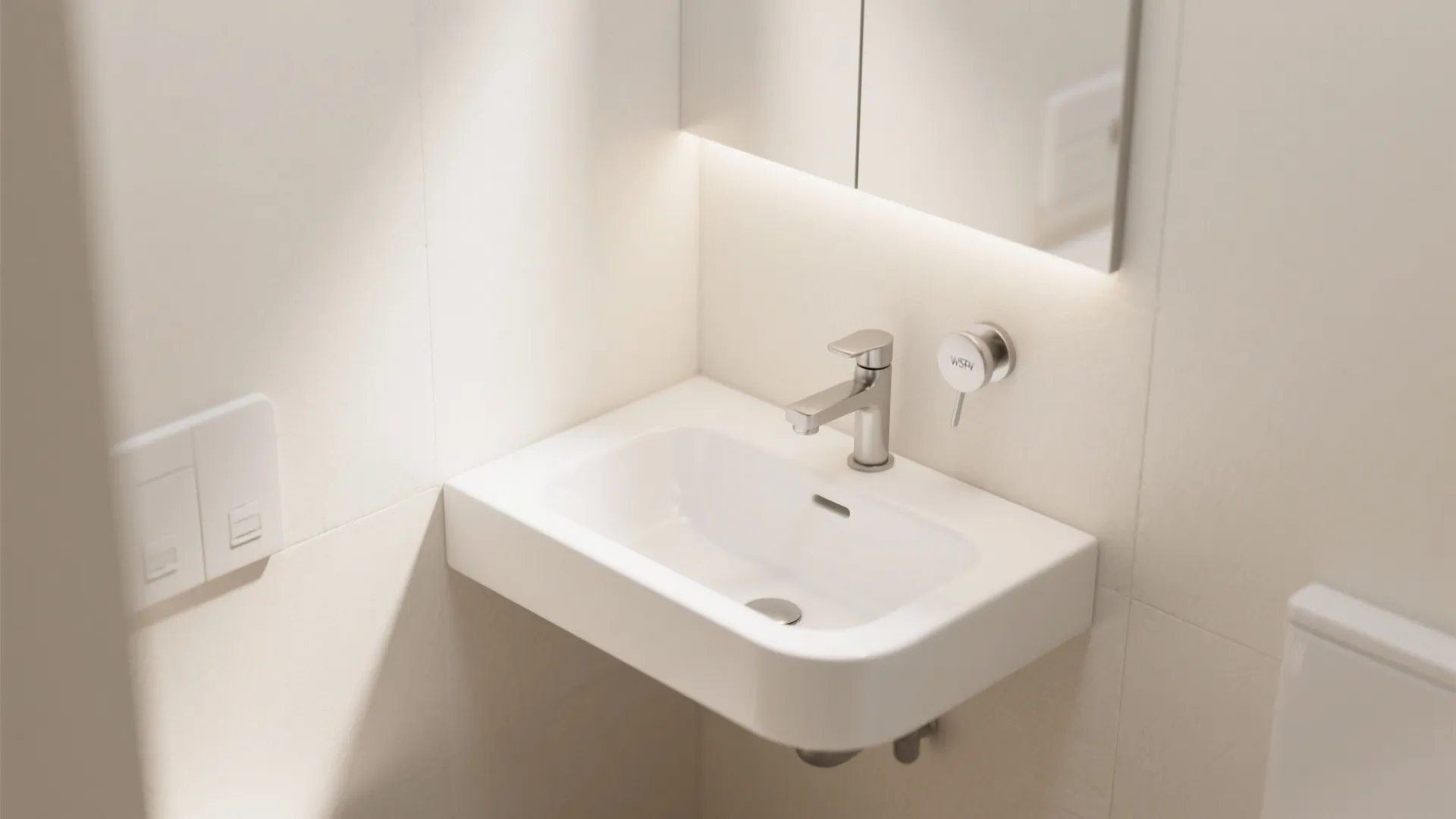 Small white bathroom sink with silver faucet and wall light under a square glass mirror