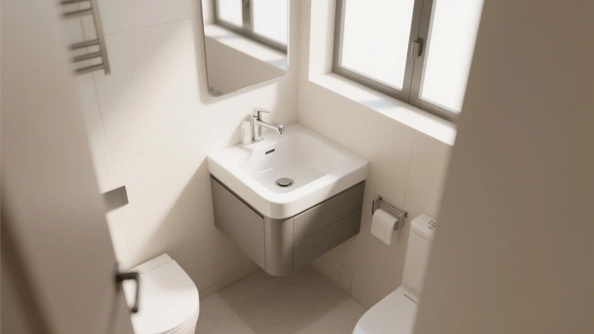 Small bathroom layout with grey wall hung sink white toilet mirror and large bright windows