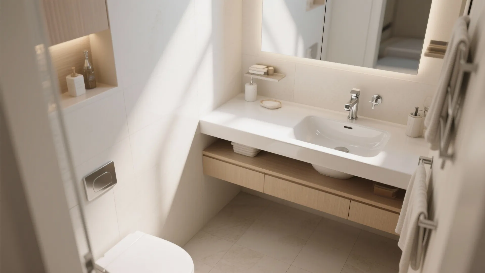 Small bathroom featuring a space-saving corner sink