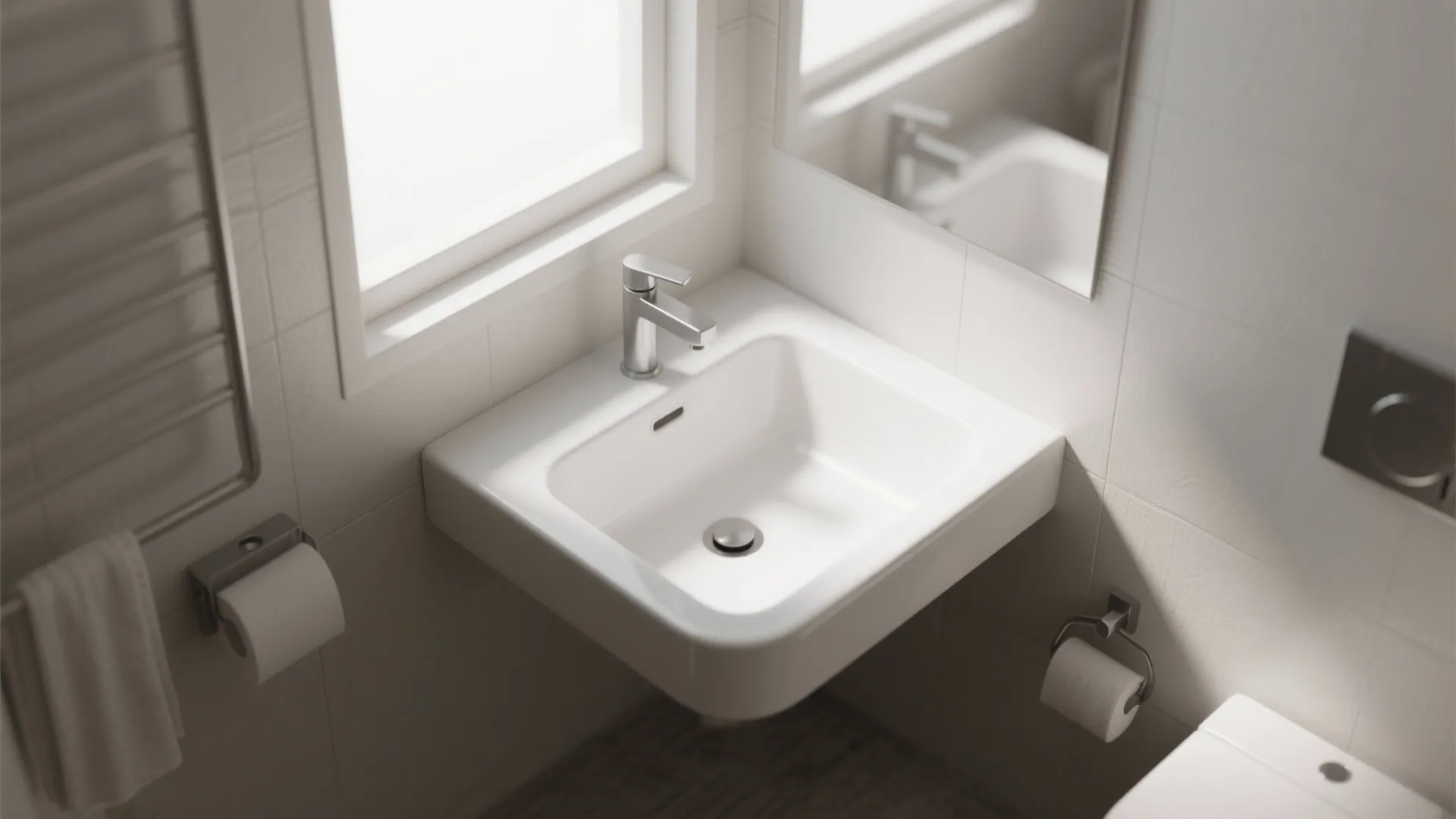 Top view of a small white corner sink with silver tap next to a window