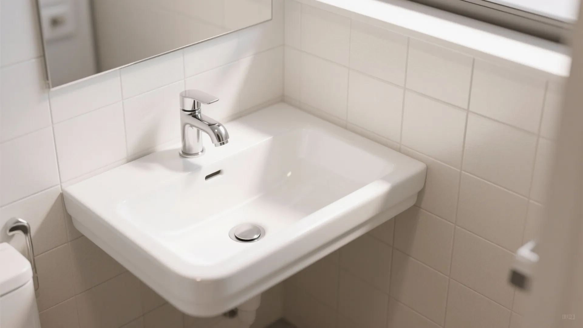 Modern white ceramic bathroom wash basin with silver water tap and clean square wall tiles