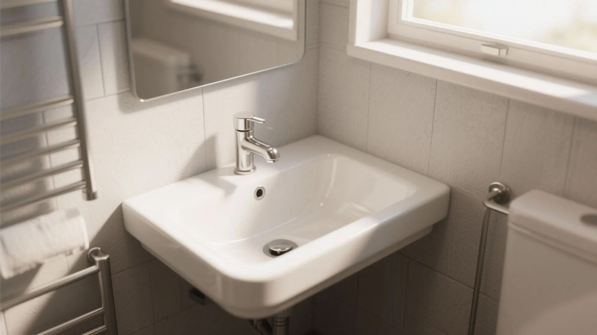 Compact bathroom with corner sink to maximize space