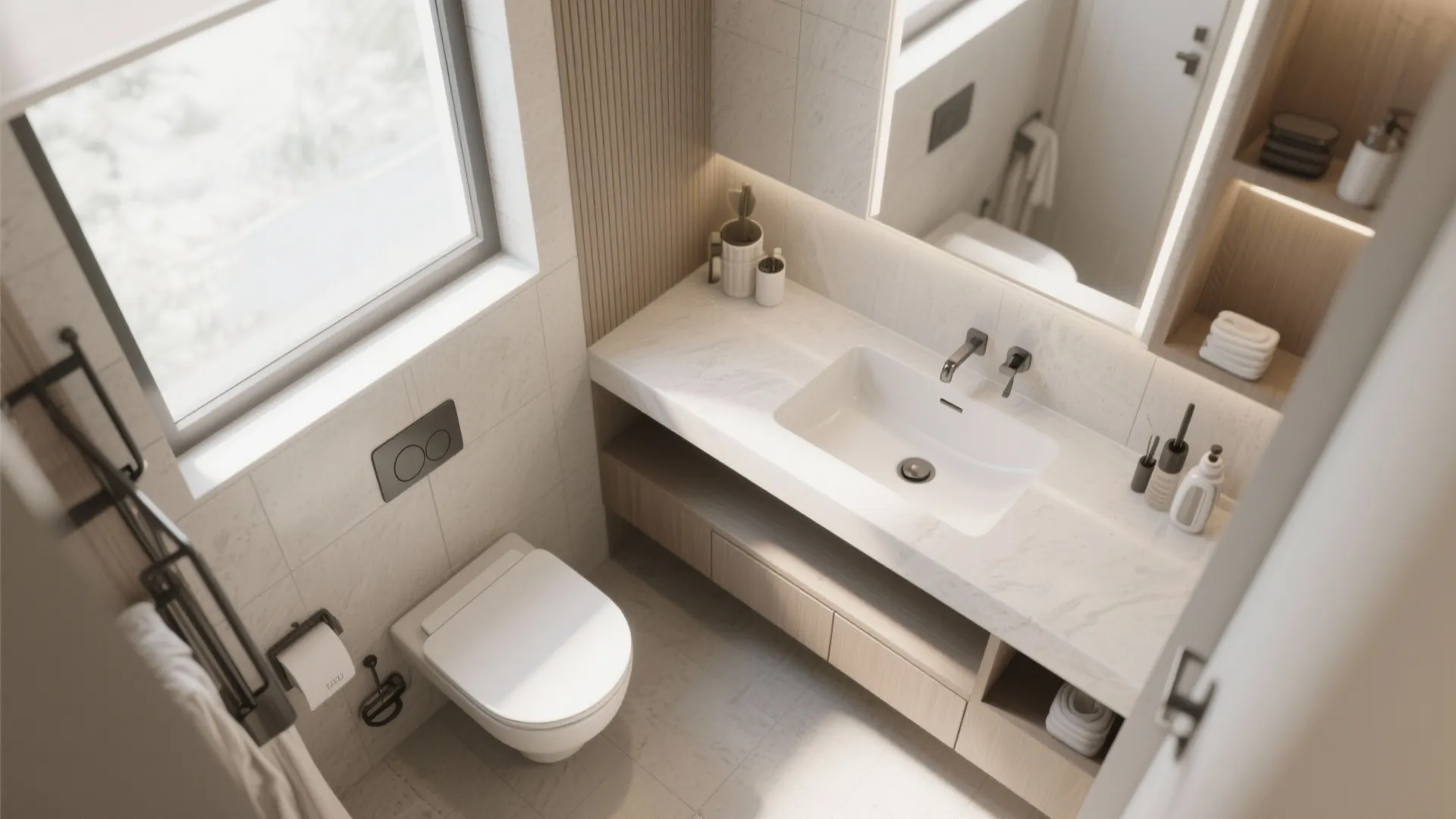 Compact bathroom with sleek corner sink to save space