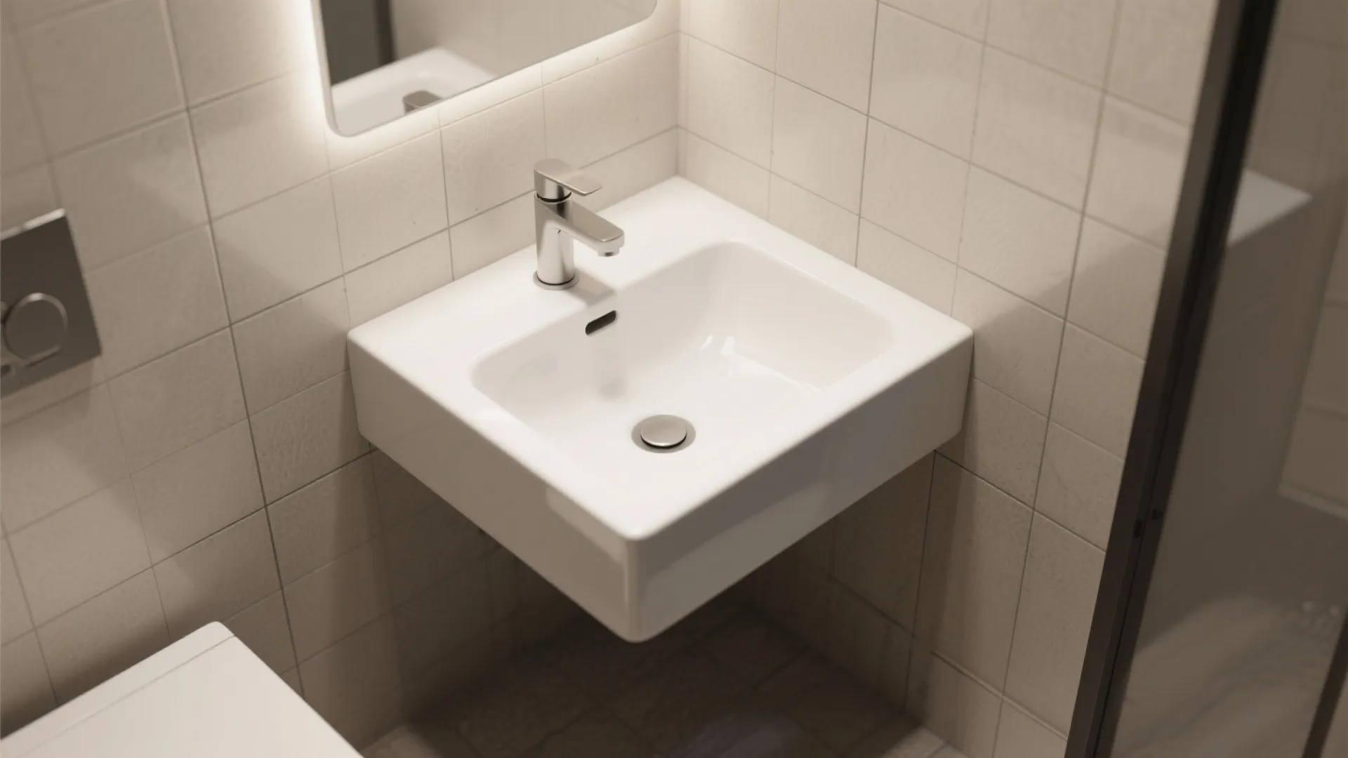 Modern white wall mounted bathroom sink with silver faucet and light colored square wall tiles