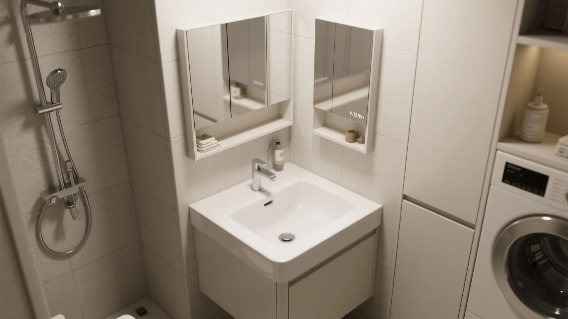 Compact white bathroom sink with chrome faucet mirrored cabinet shower head and washing machine in corner