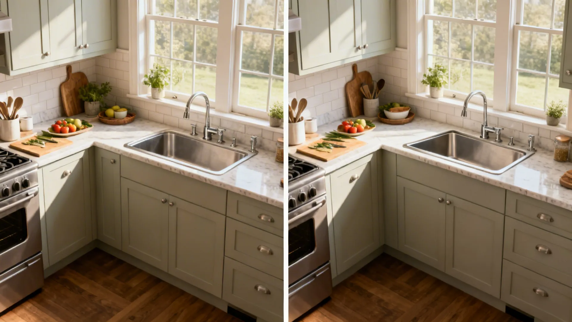 Before-and-after of a compact L-kitchen showing a corner sink freeing counter space.