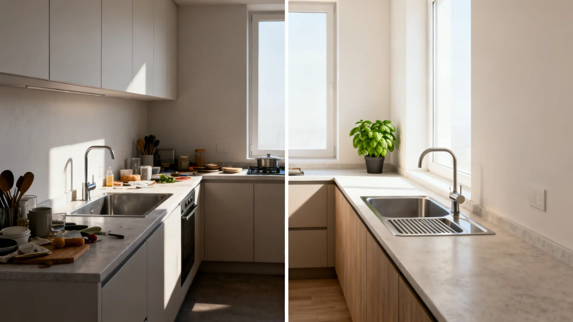 Before-and-after showing sink moved to the corner, freeing a longer prep counter.