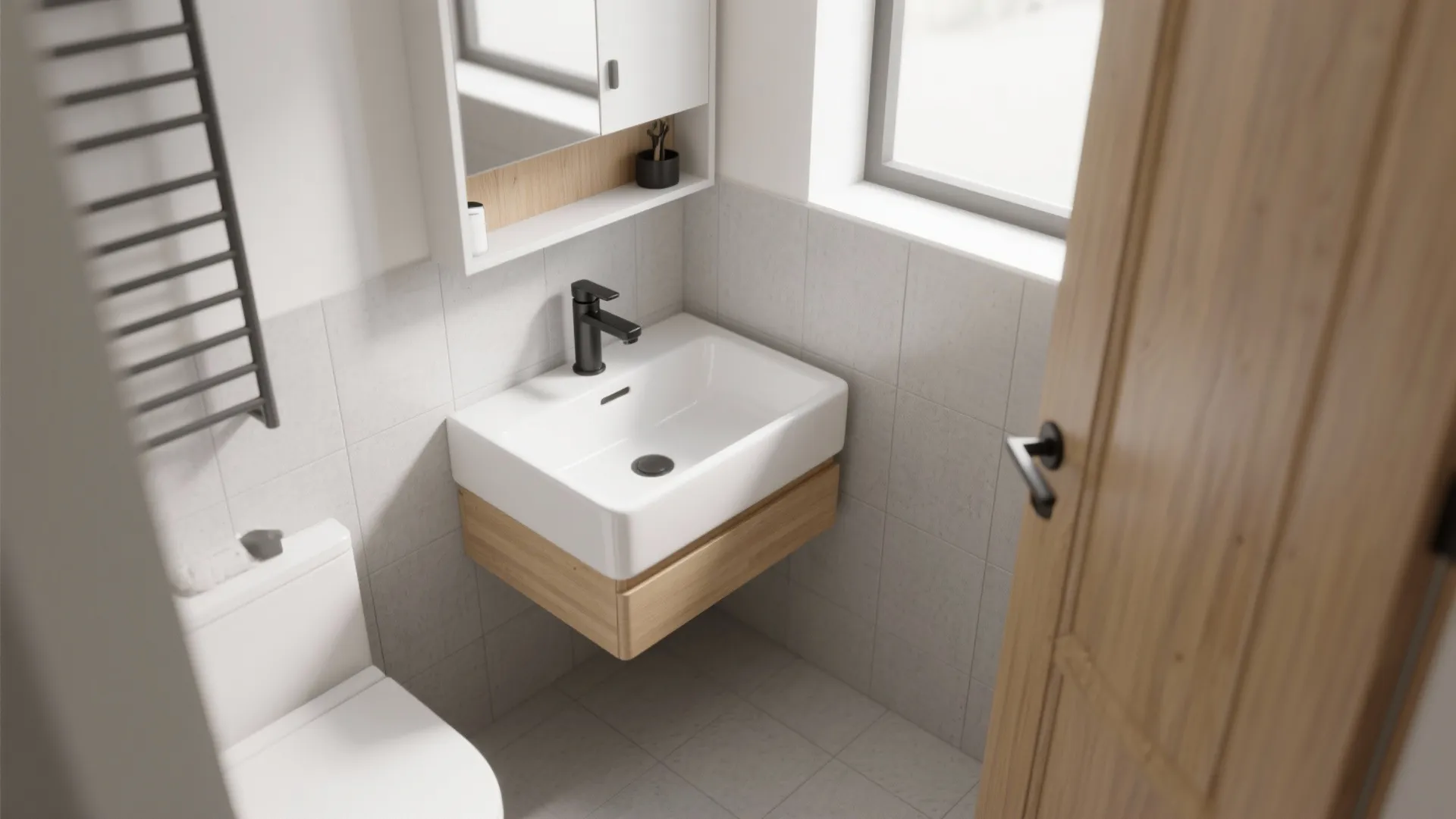 Corner sink in a small bathroom creating open center space and better circulation.