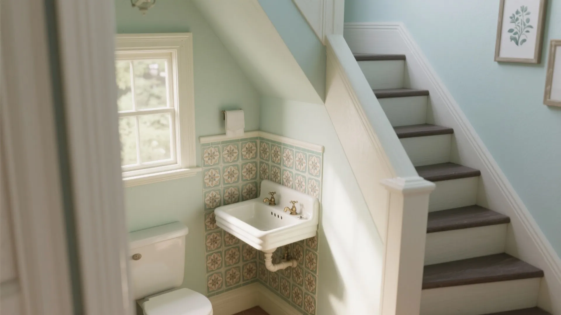 Small powder room under stairs with mint green walls floral wall tiles white sink toilet