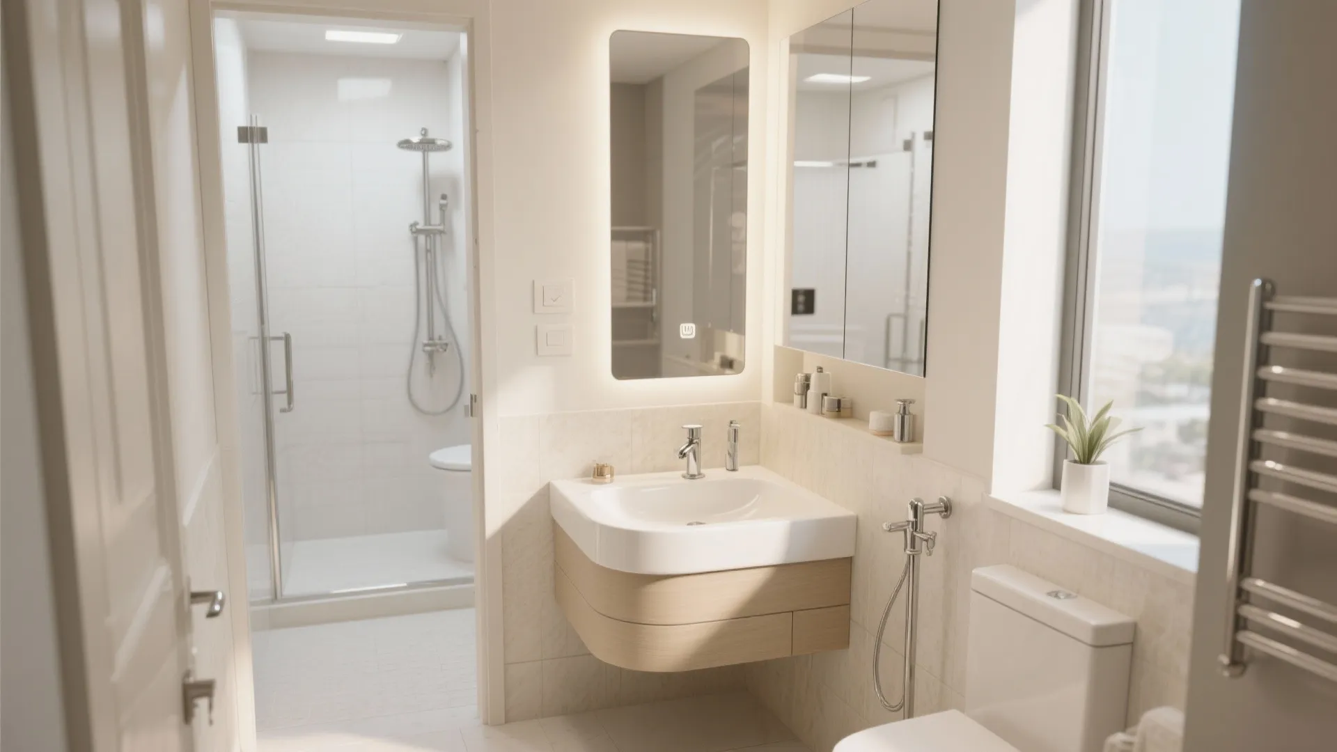 Small bathroom layout with curved wood cabinet lighted mirror glass shower door and white toilet