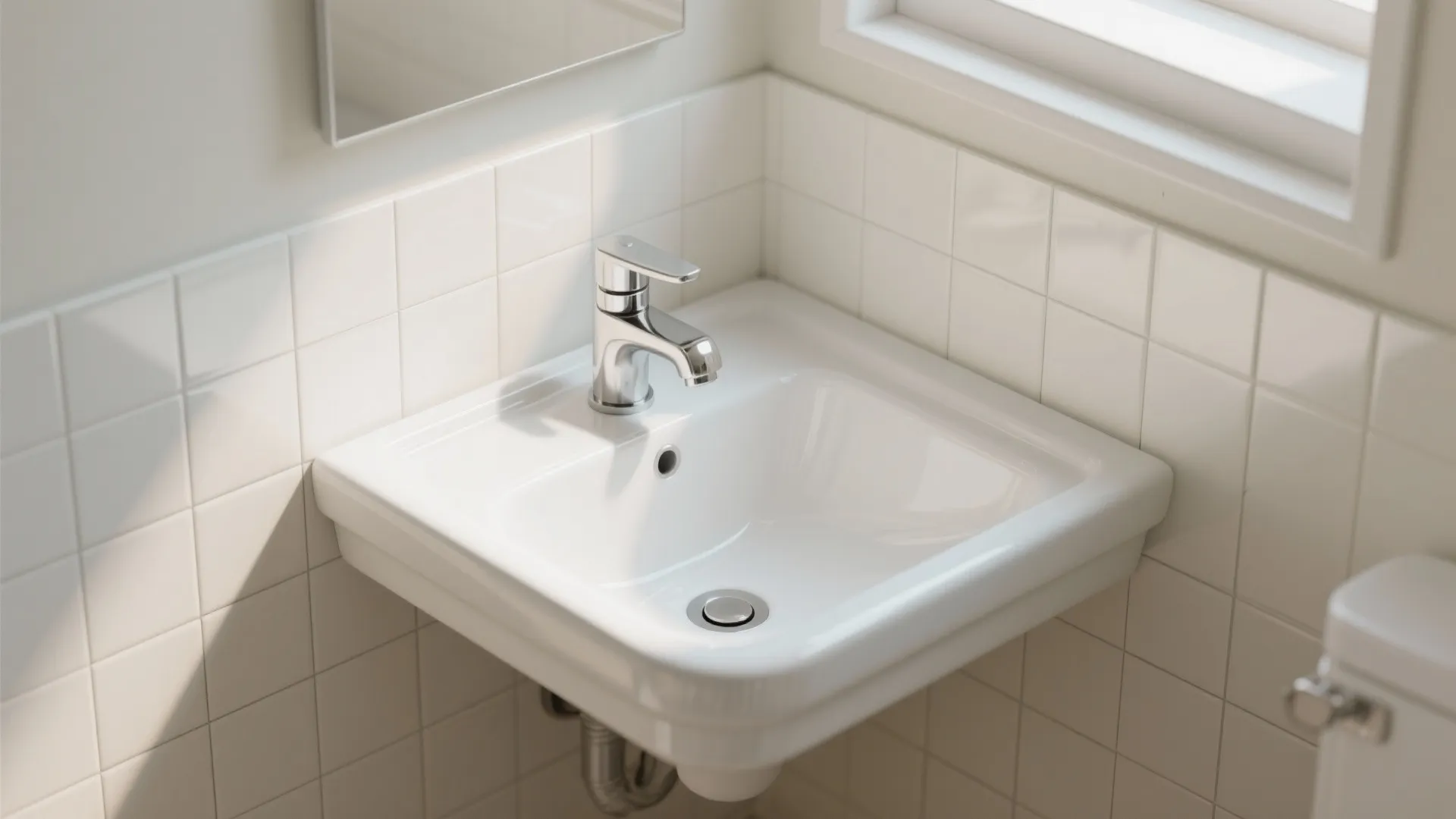 Corner-mounted sink to save floor space in small bathroom