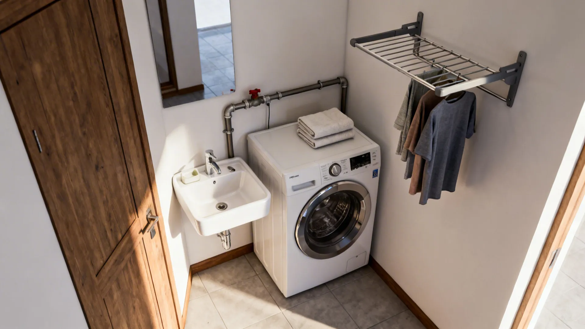 Corner sink next to a top-load washer with a compact fold-out drying rack mounted above it.