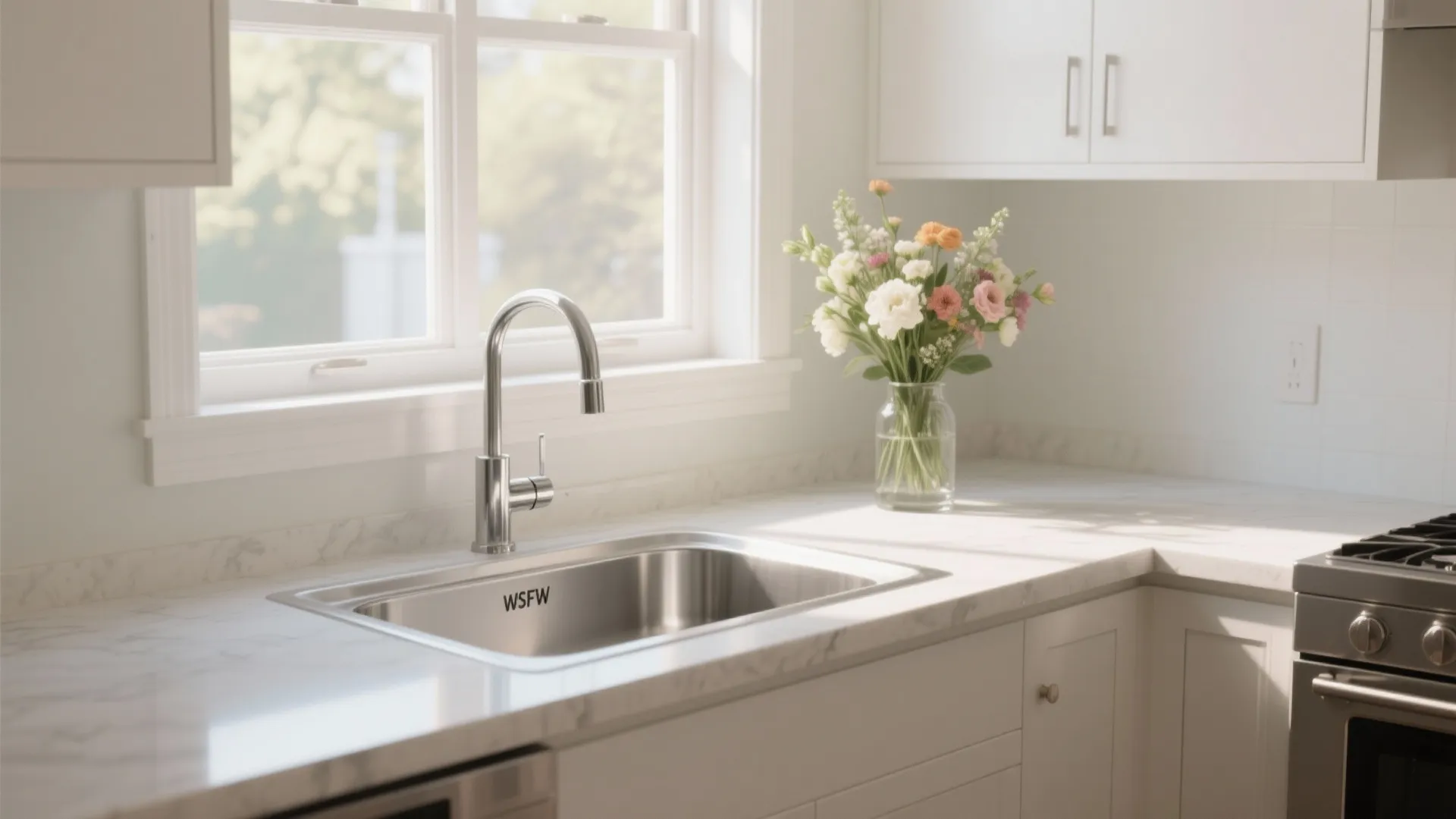 Kitchen sink under a bright corner window with fresh flowers