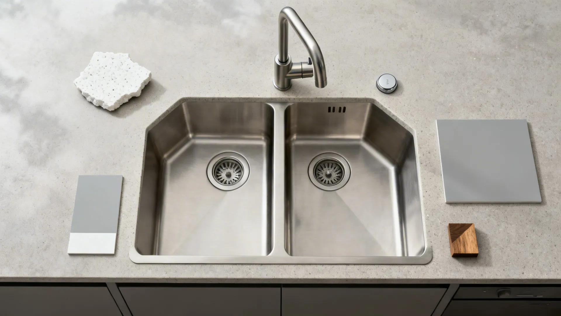 Flat-lay of sink materials: composite bowl, pull-down faucet, air switch, quartz, and paint swatches.