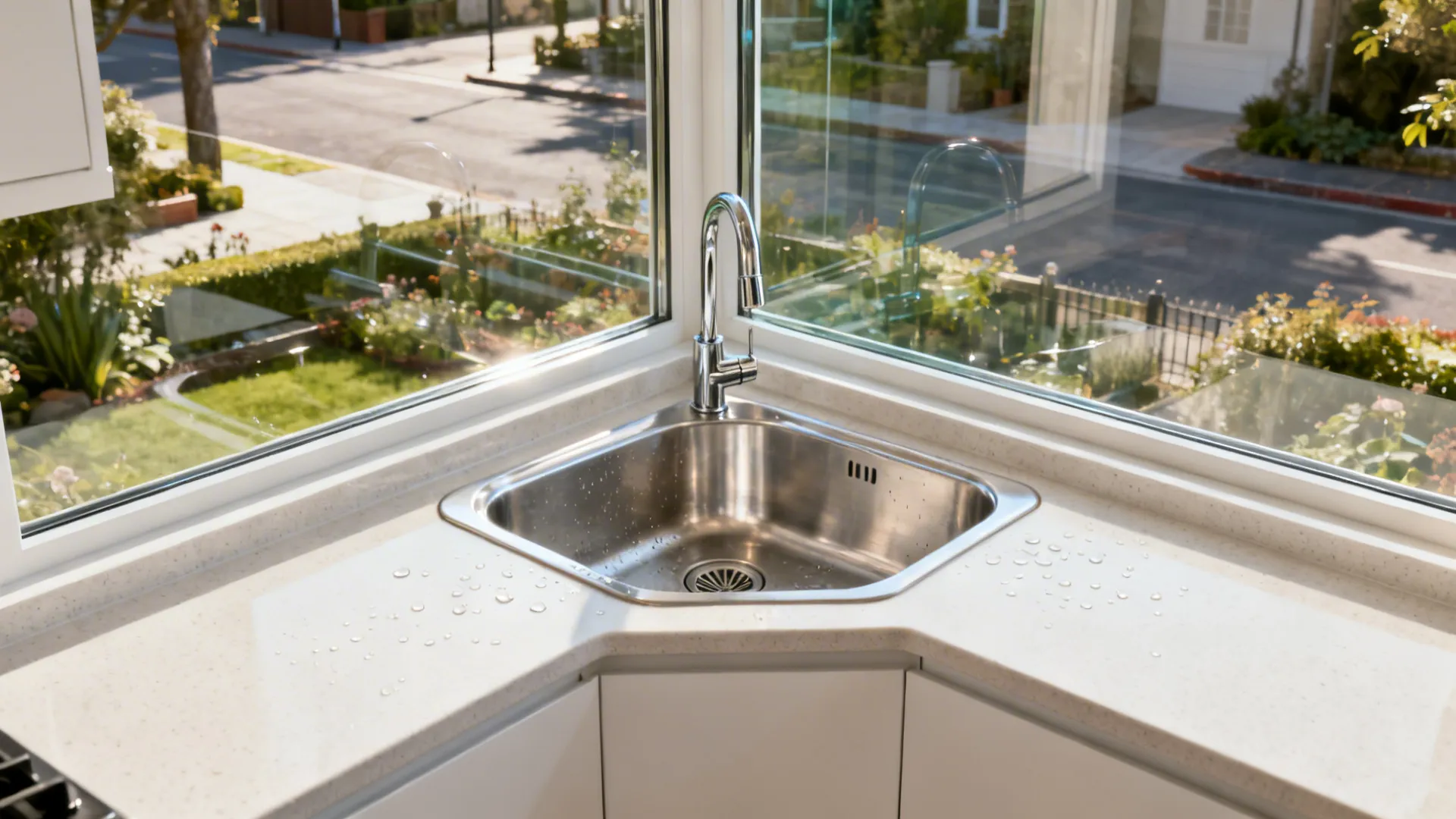 Corner sink beneath dual-aspect wraparound windows in a bright small kitchen.