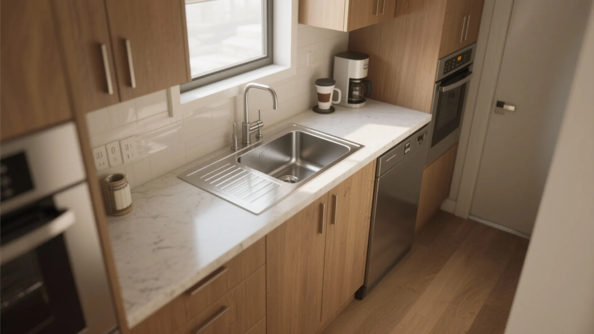 Modern kitchen interior with wooden cabinets marble countertop stainless steel sink coffee machine and oven