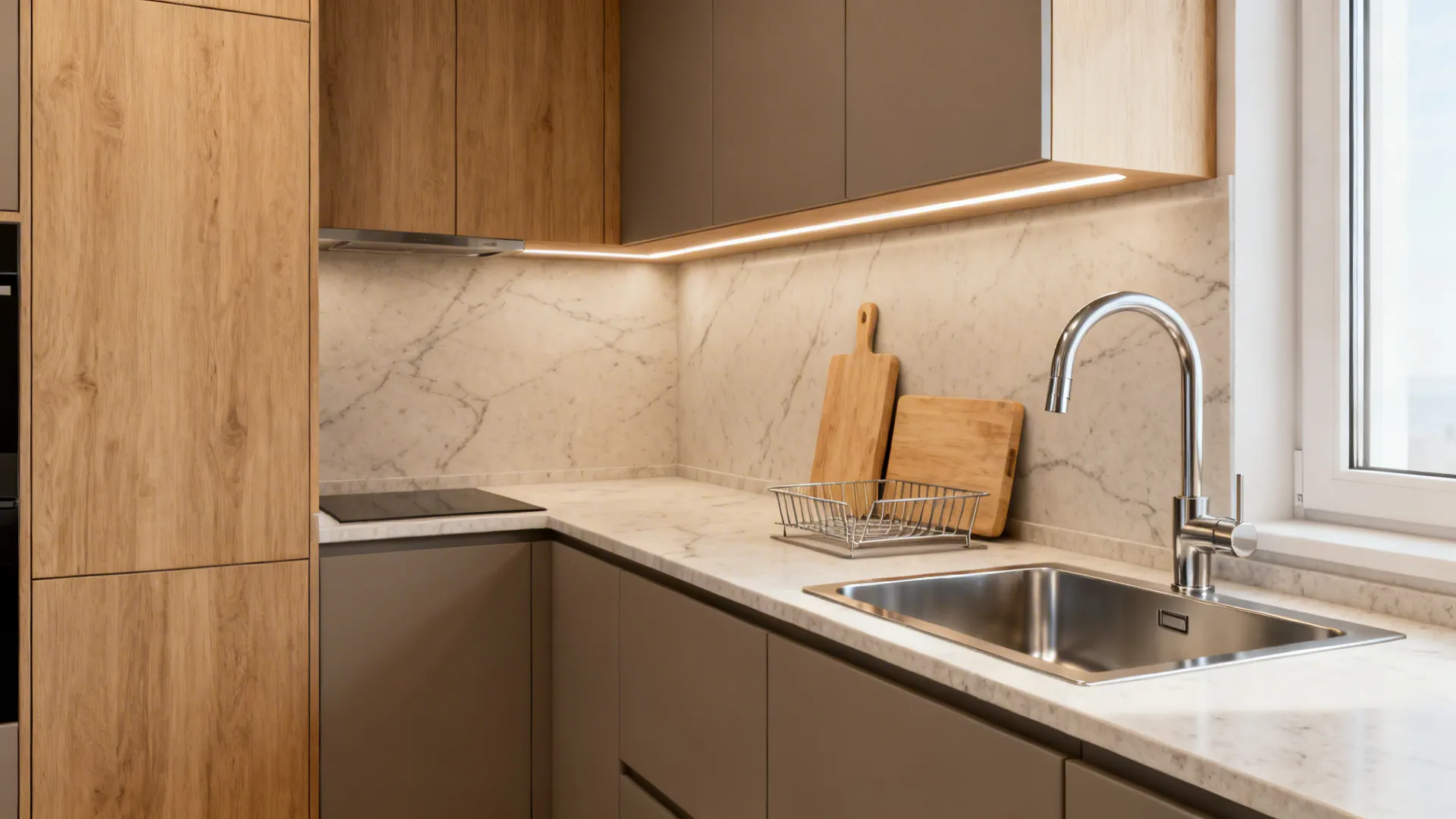 Modern kitchen with wood cabinets marble countertop stainless steel sink and under cabinet led lighting strip