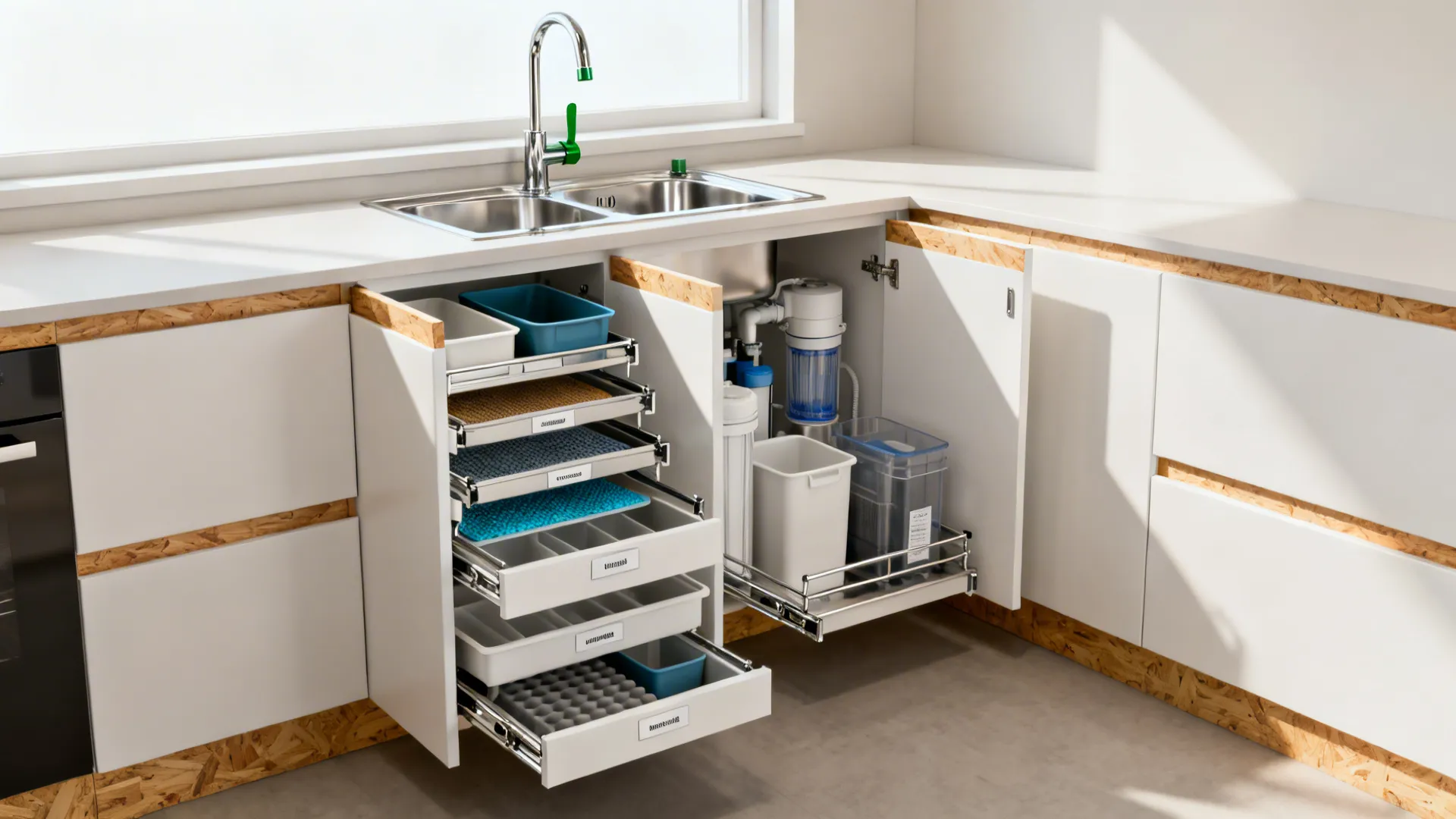 White kitchen with double sink and green faucet showing open cabinets with pull out drawers