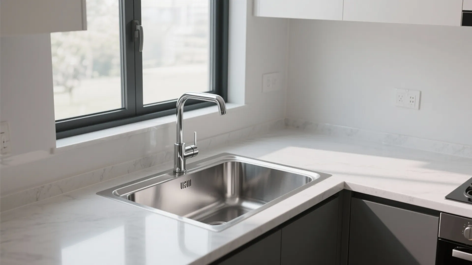 Modern stainless steel kitchen sink and chrome tap on white marble counter under bright window