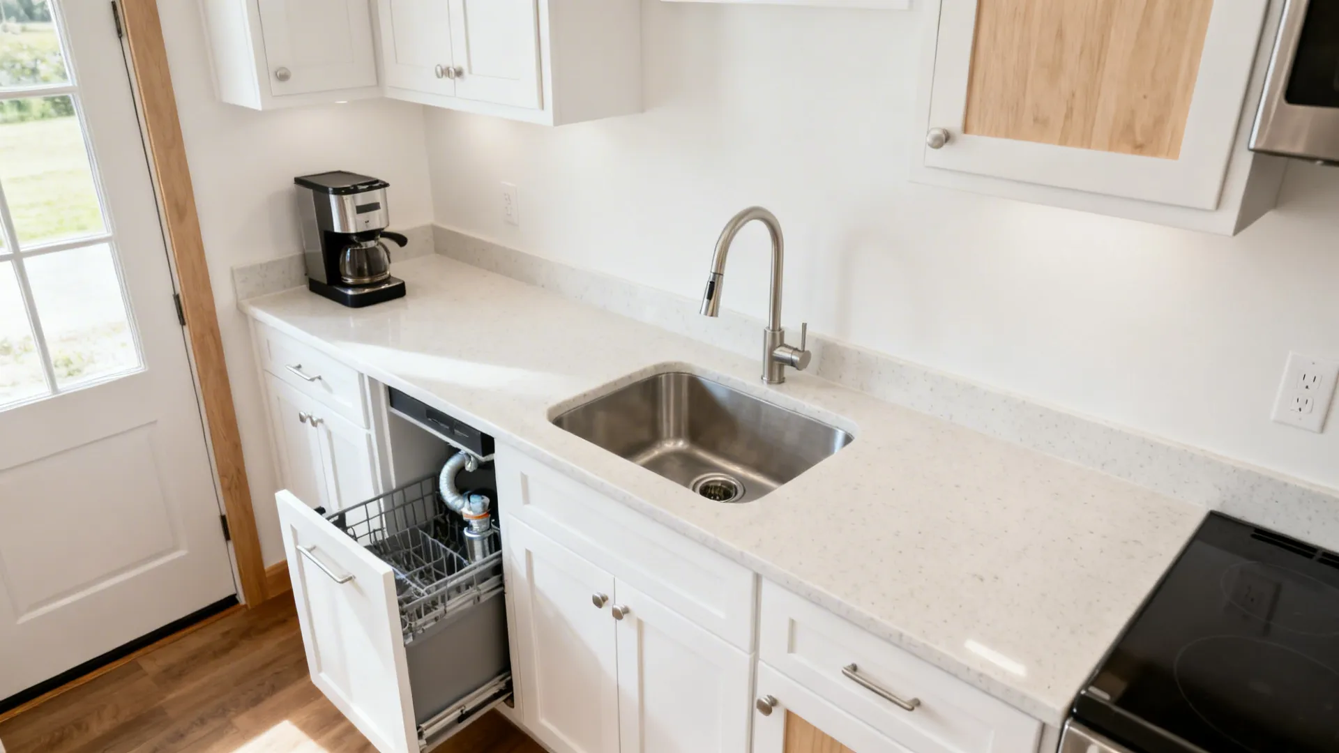 L-shaped kitchen with a compact corner sink and a clear countertop run for a coffee zone.
