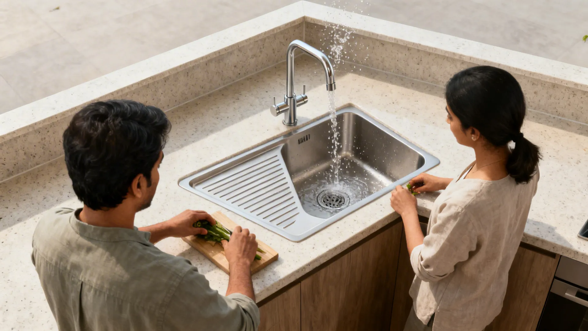 Corner sink with triangular drainboard and angled faucet in an L-shaped kitchen, reclaiming dead space.