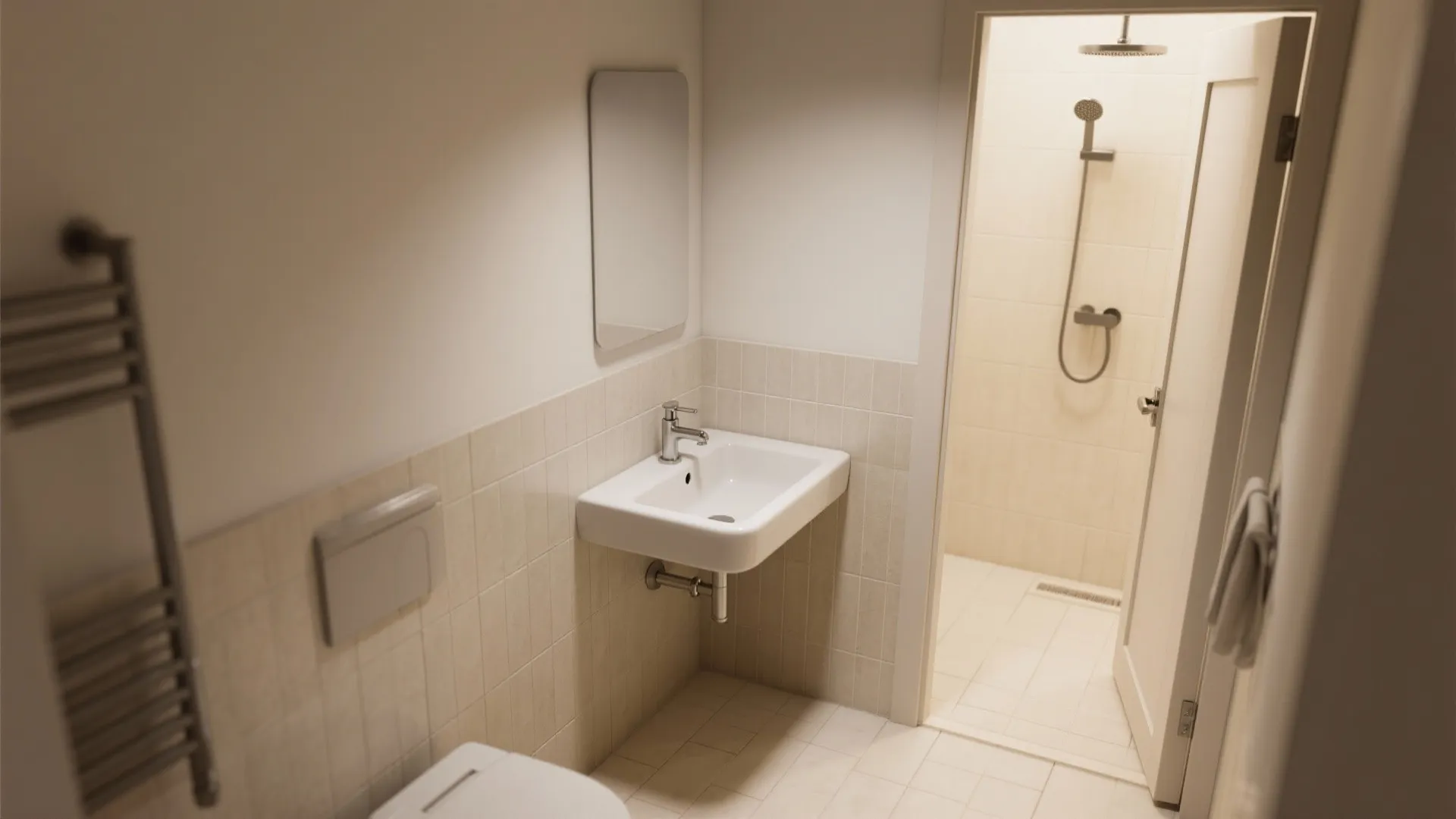 Modern bathroom with white wall sink mirror and open door showing a small shower area