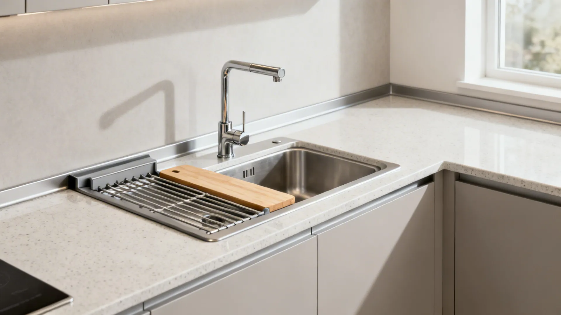 Corner sink with a recessed tray ledge under a quartz slab holding a drying rack and cutting board.