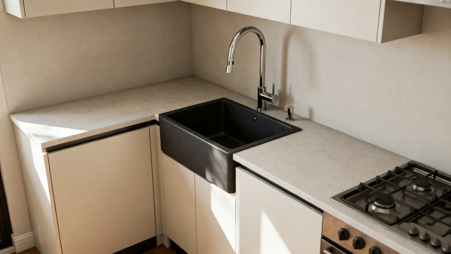 Corner single-bowl sink in an L-shaped compact kitchen with a high-arc swivel faucet.