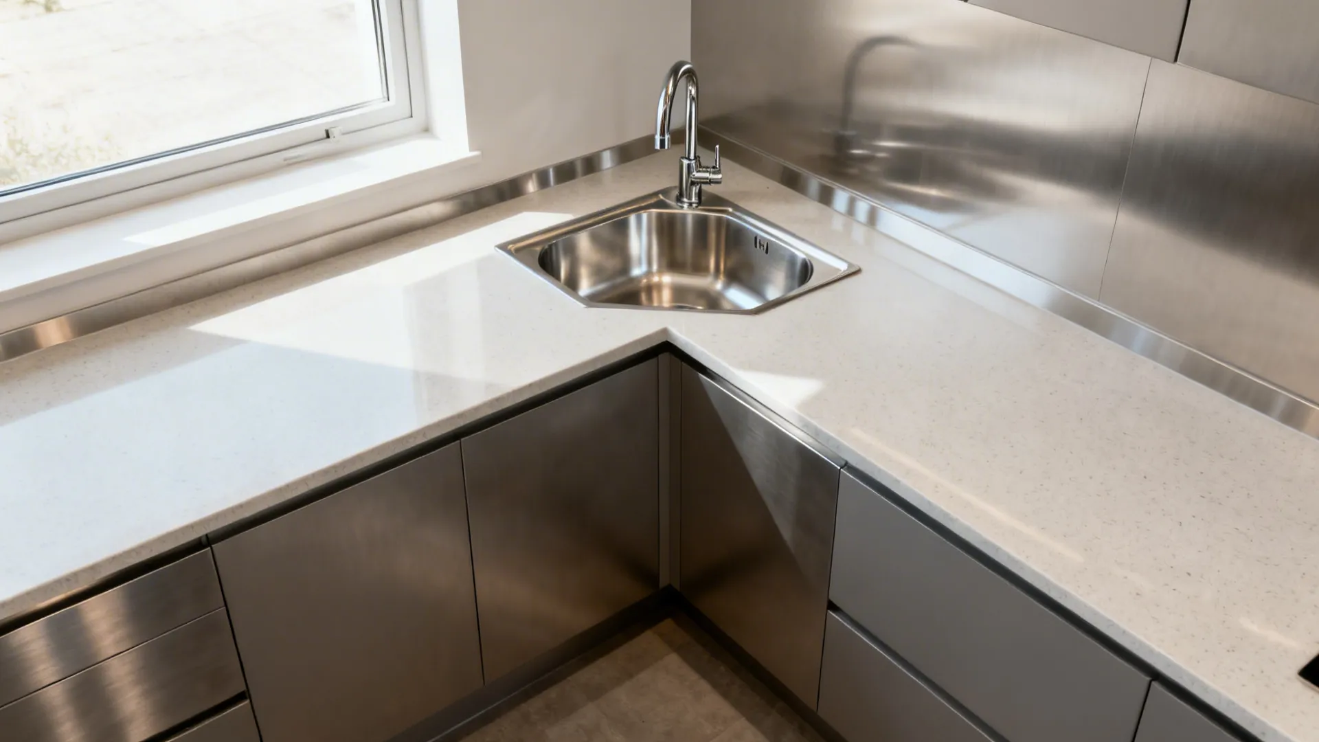 L-shaped kitchen with a corner-oriented stainless sink and swivel faucet freeing prep space.