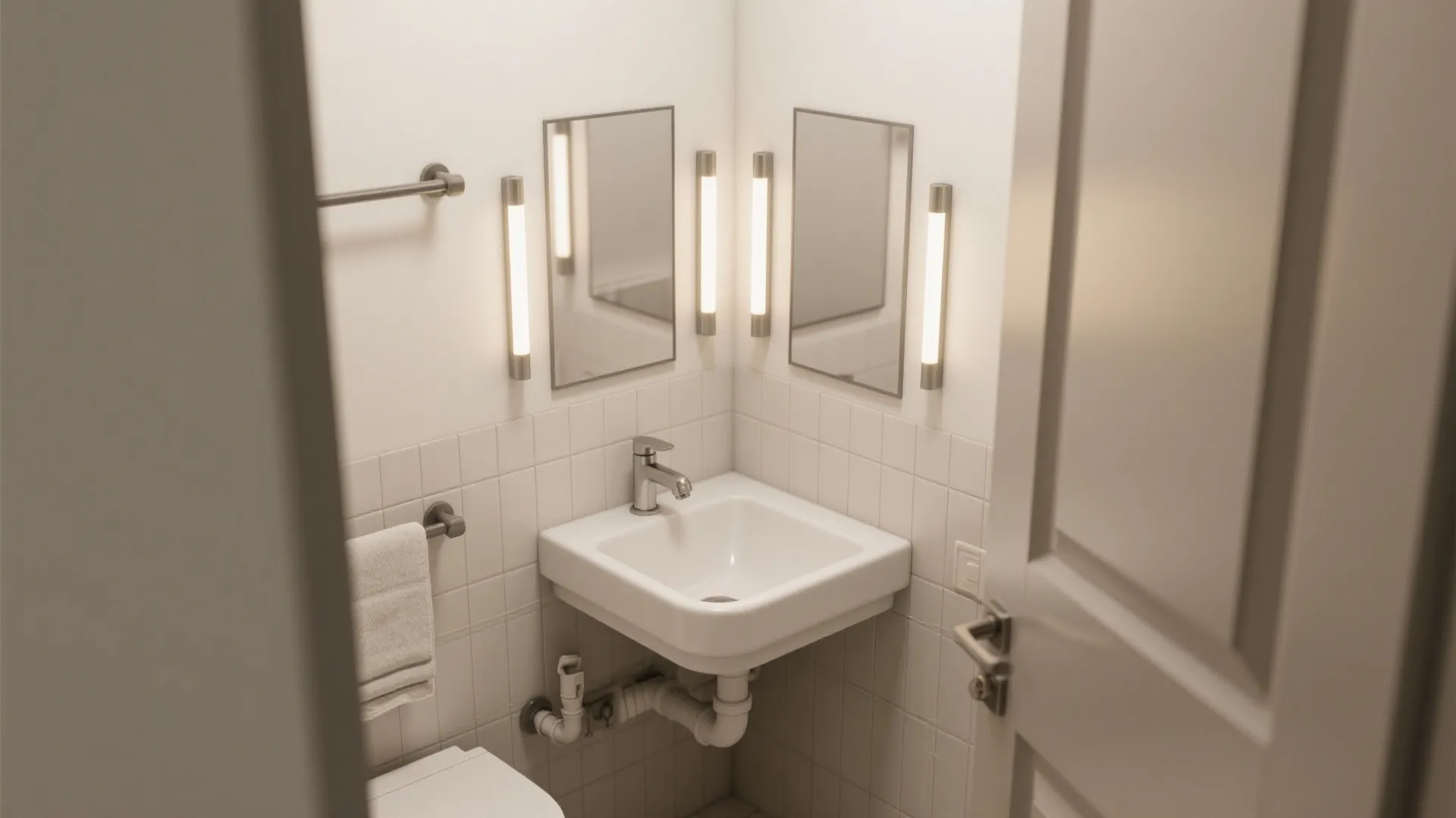 Small corner bathroom sink with two mirrors wall lights and white tiles in compact room