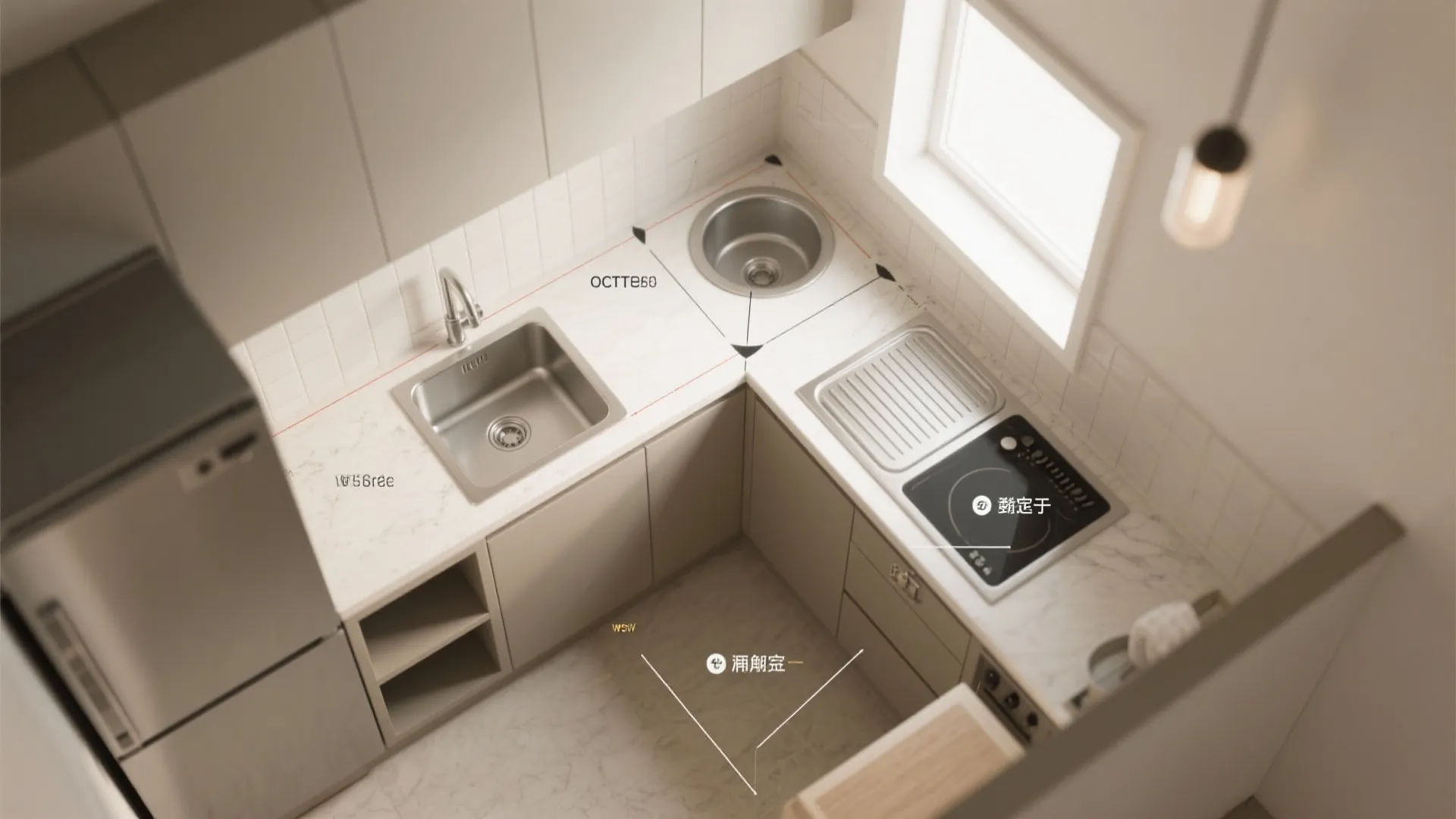 Modern kitchen room layout design drawing showing two sinks and stove on white marble countertop
