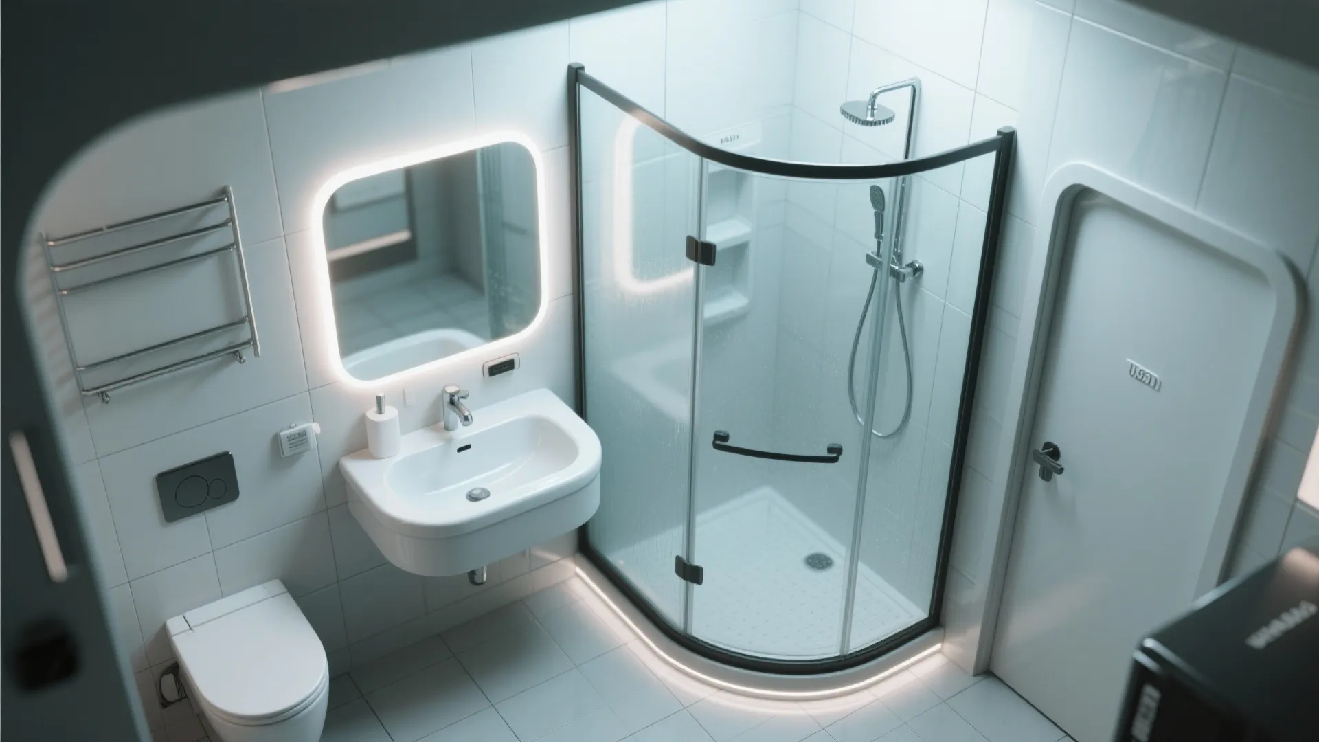 Modern white bathroom featuring a corner glass shower unit plus a wall mounted wash basin