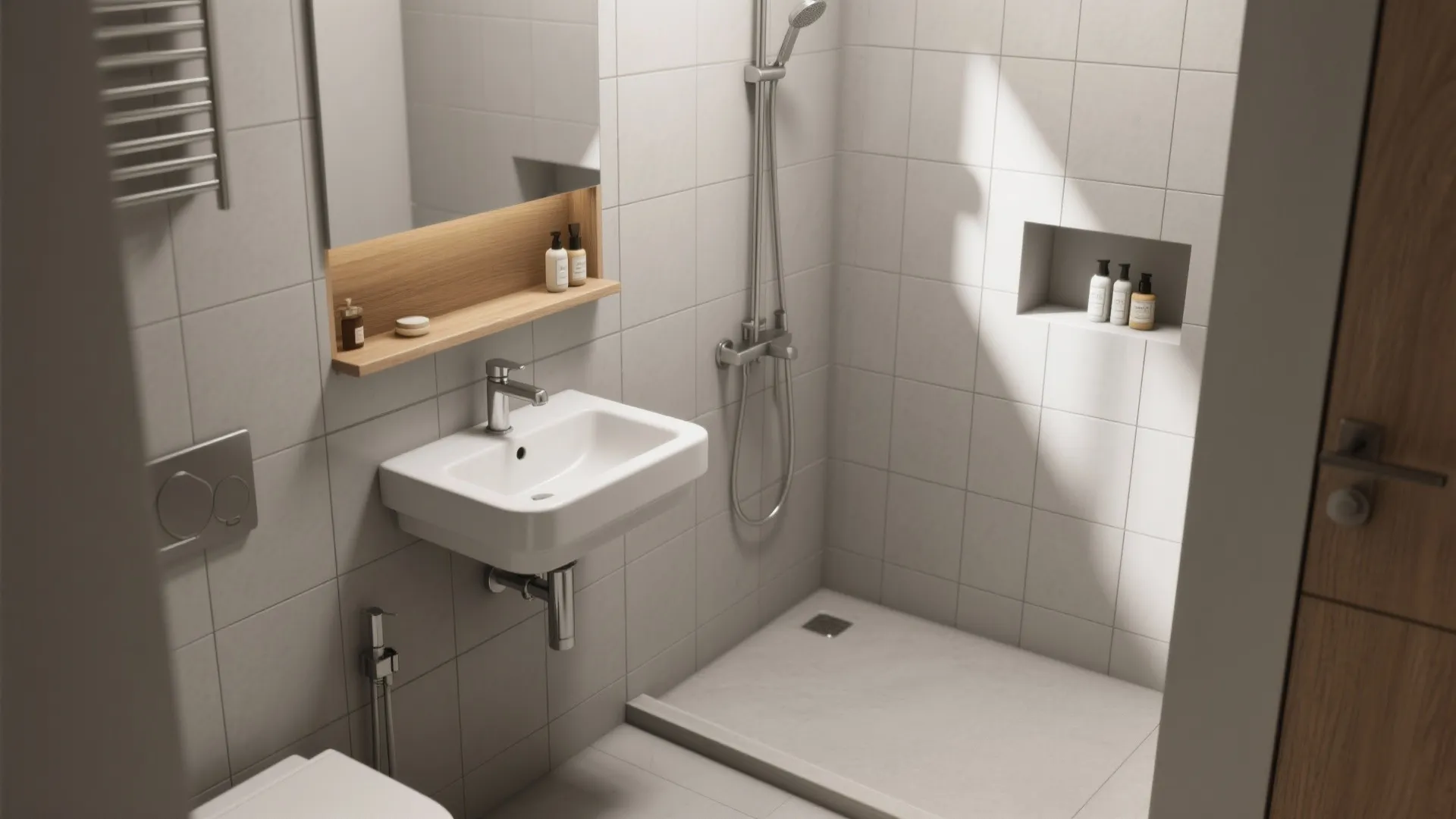 1. Wall-mounted sink next to a corner shower