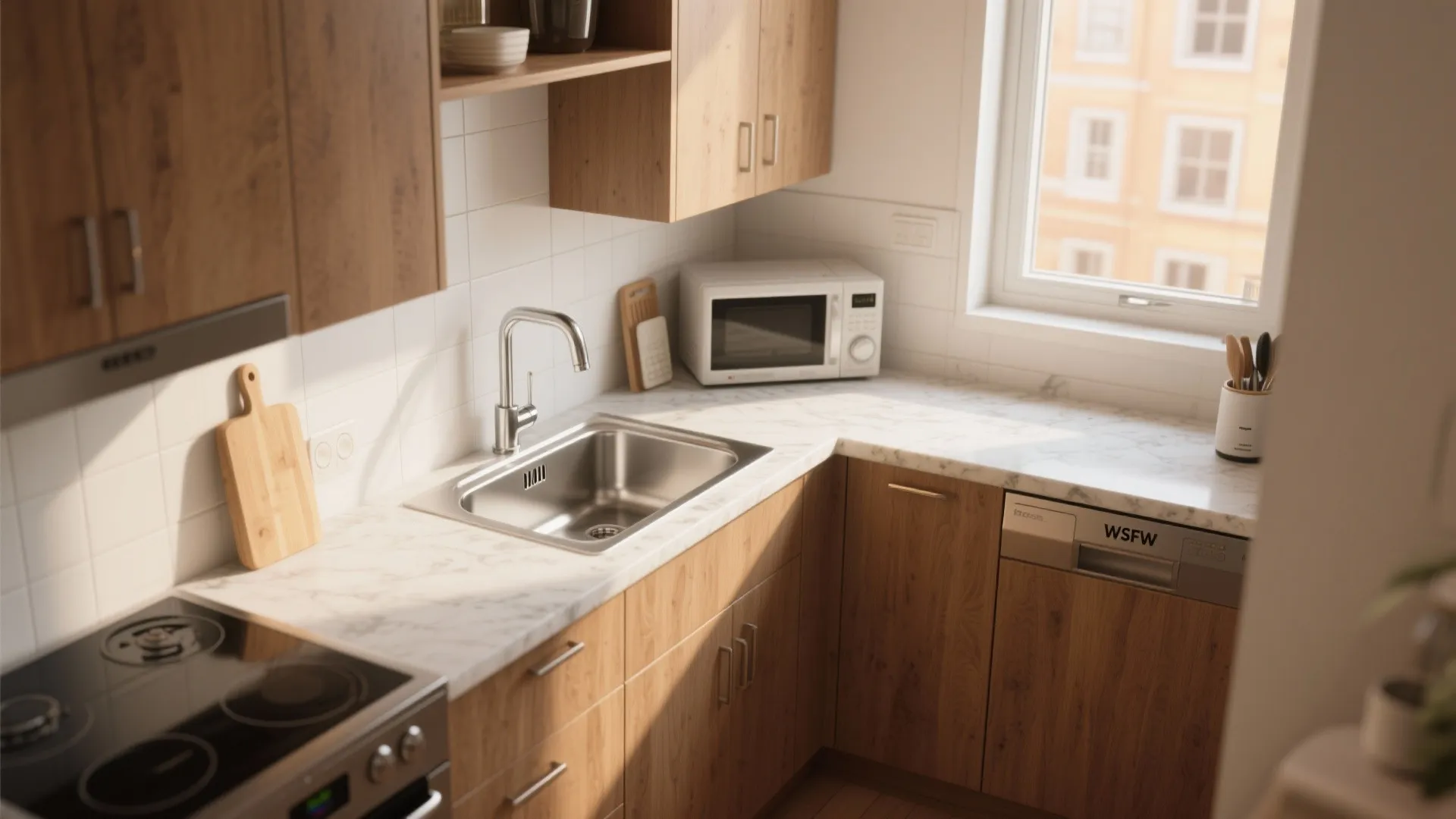 Small kitchen layout with wooden cabinets white wall tiles microwave silver sink and a bright window