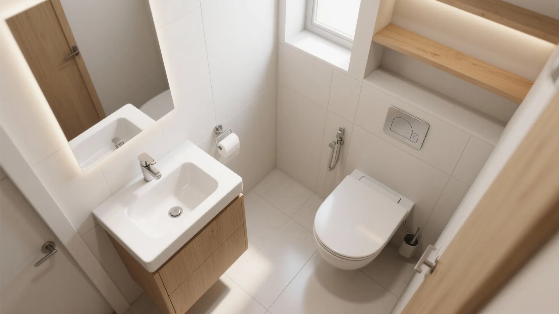 Space-saving fixtures: corner sinks, wall-mount faucets, and wall-hung toilets