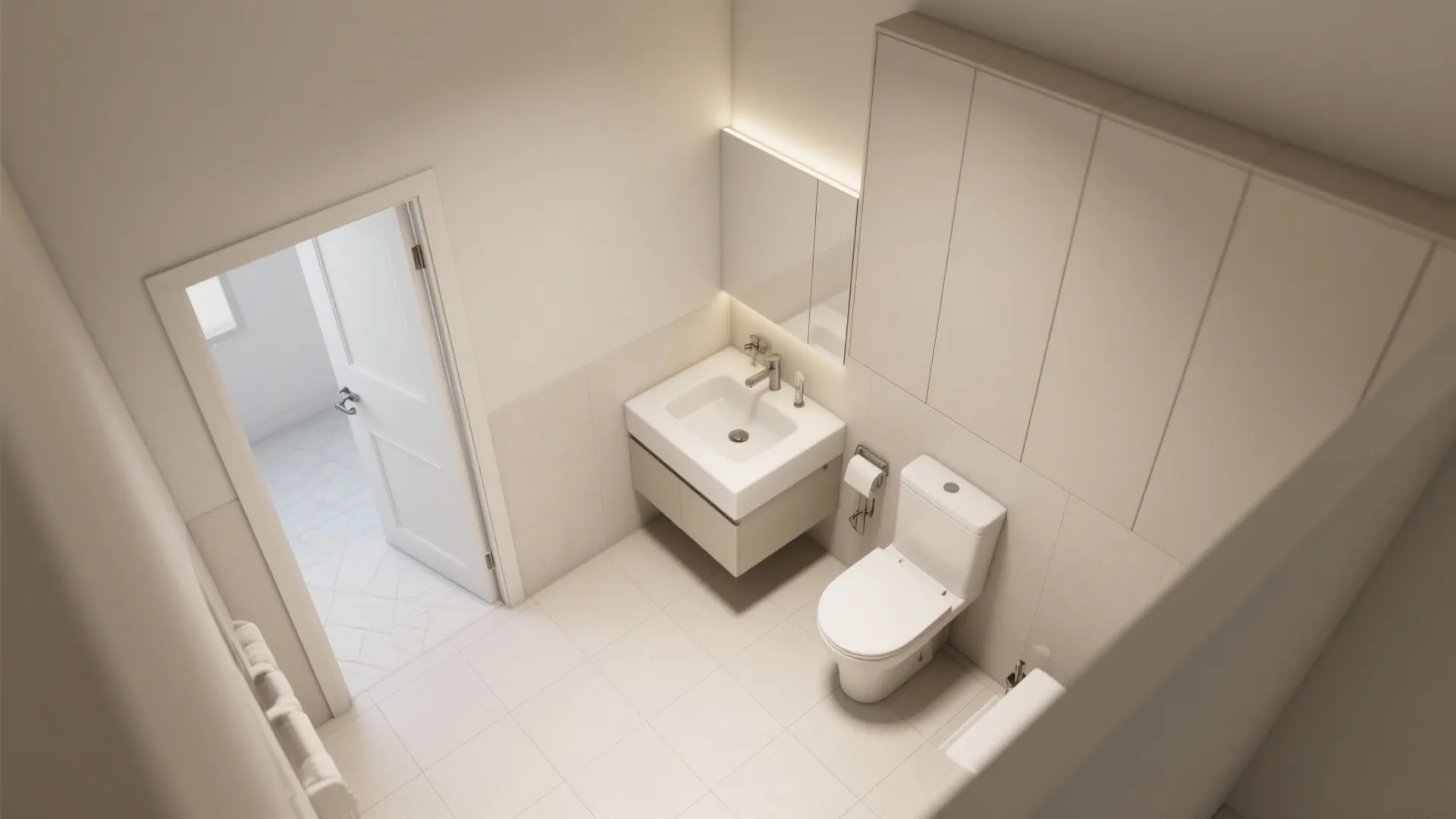 Top-down layout showing how a corner sink opens floor space and door swing in a small bathroom.