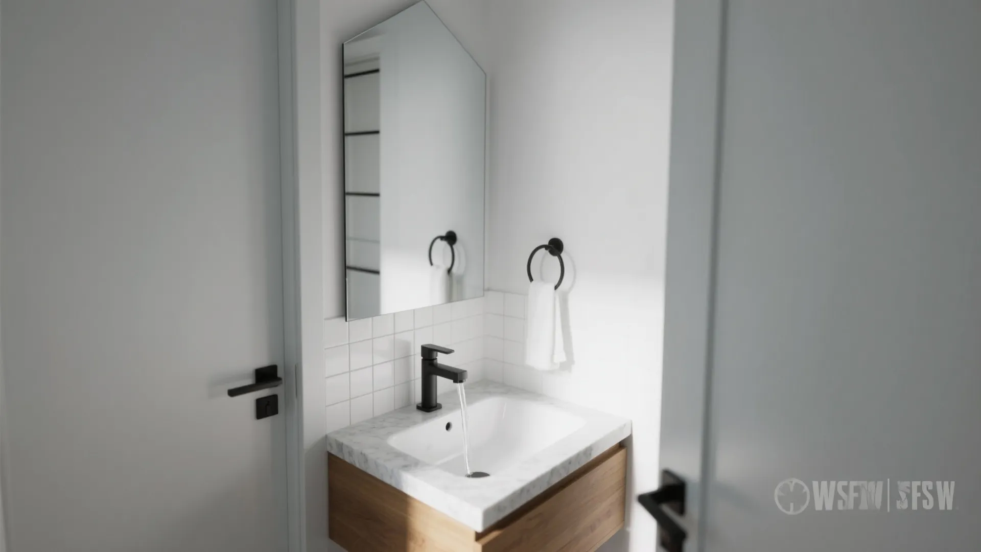 Small bathroom vanity with marble top wood cabinet black tap running water and white wall