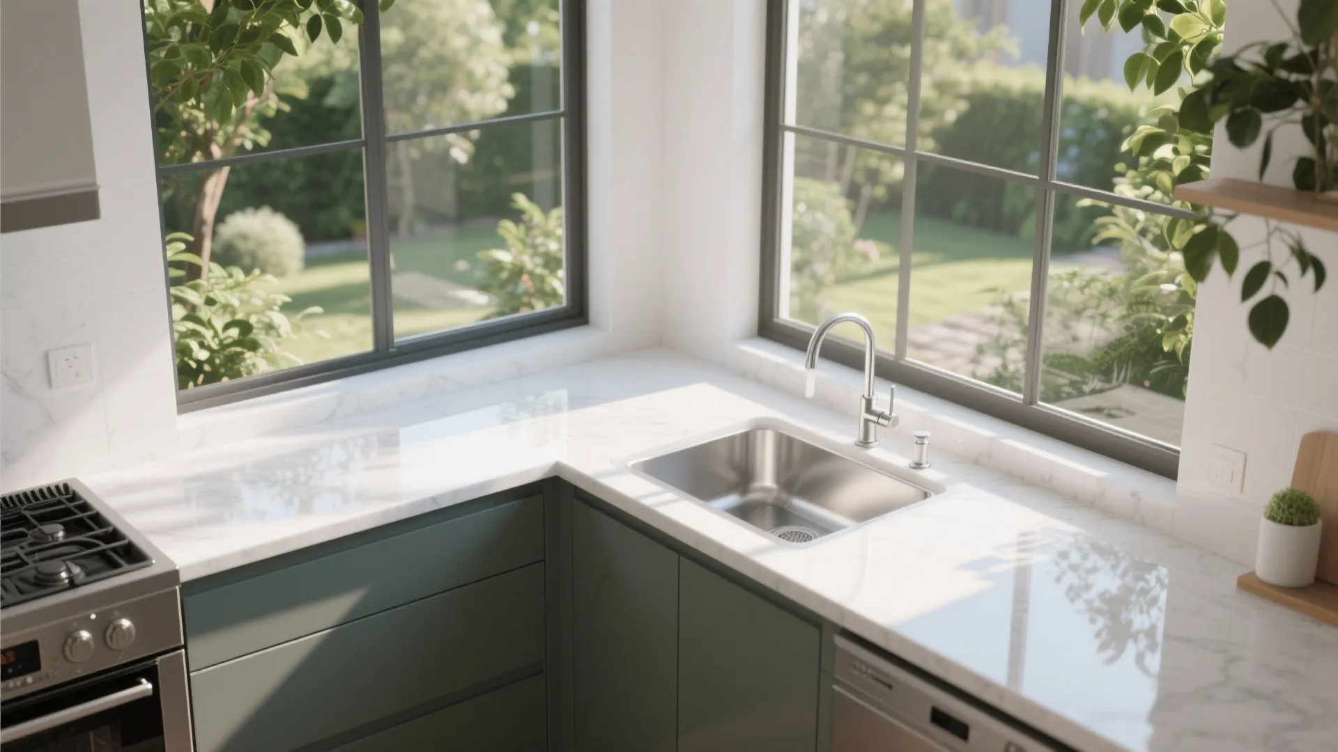 Corner sink in L-shaped kitchen with sunny window view