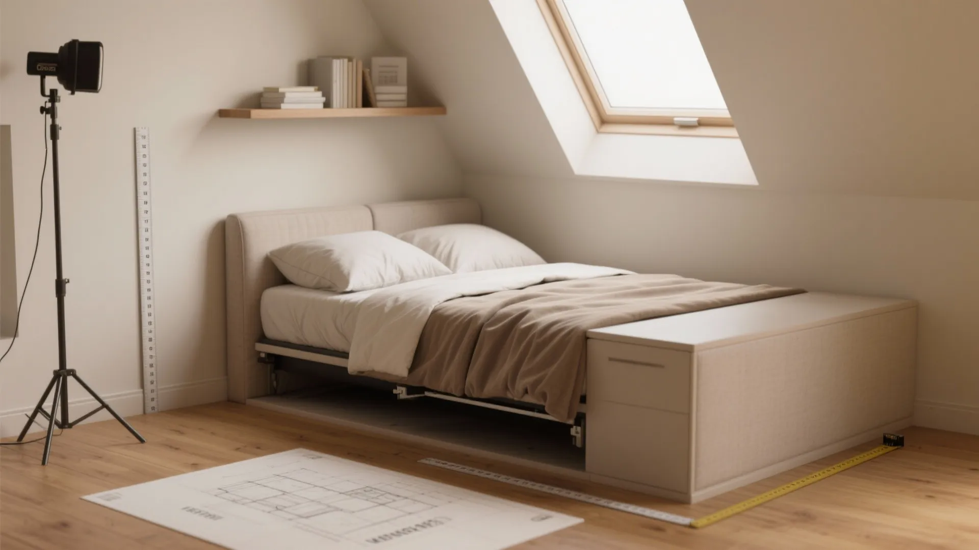 Modern loft bedroom with white bed, wooden floors, wall shelf, roof window, and interior drawings