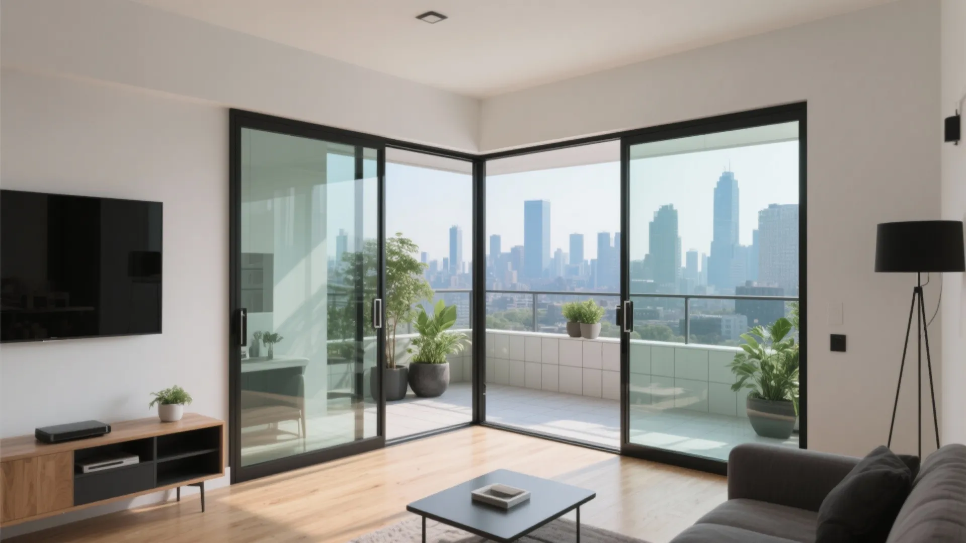 Corner sliding glass doors in a modern living room showing a balcony with city view