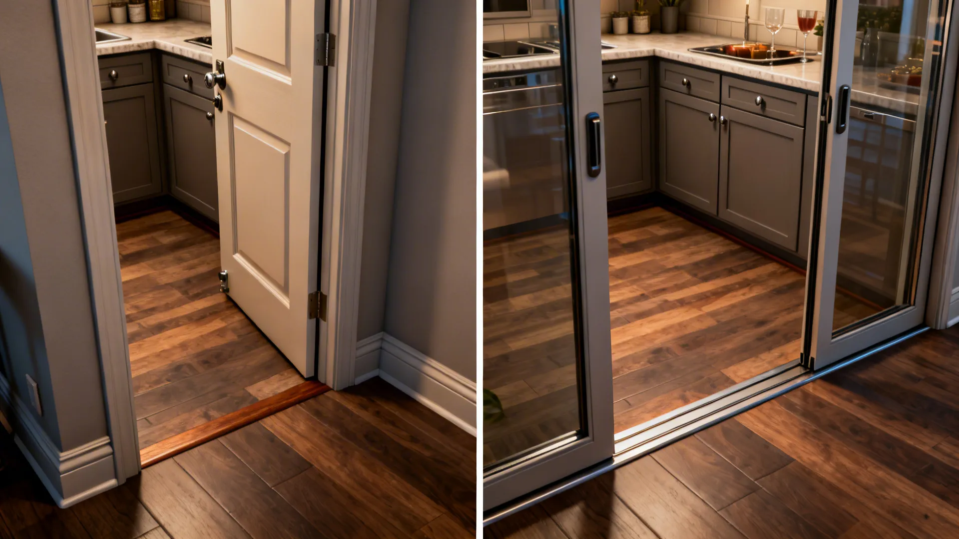 Before and after comparison showing a standard white door replaced by a sliding glass door