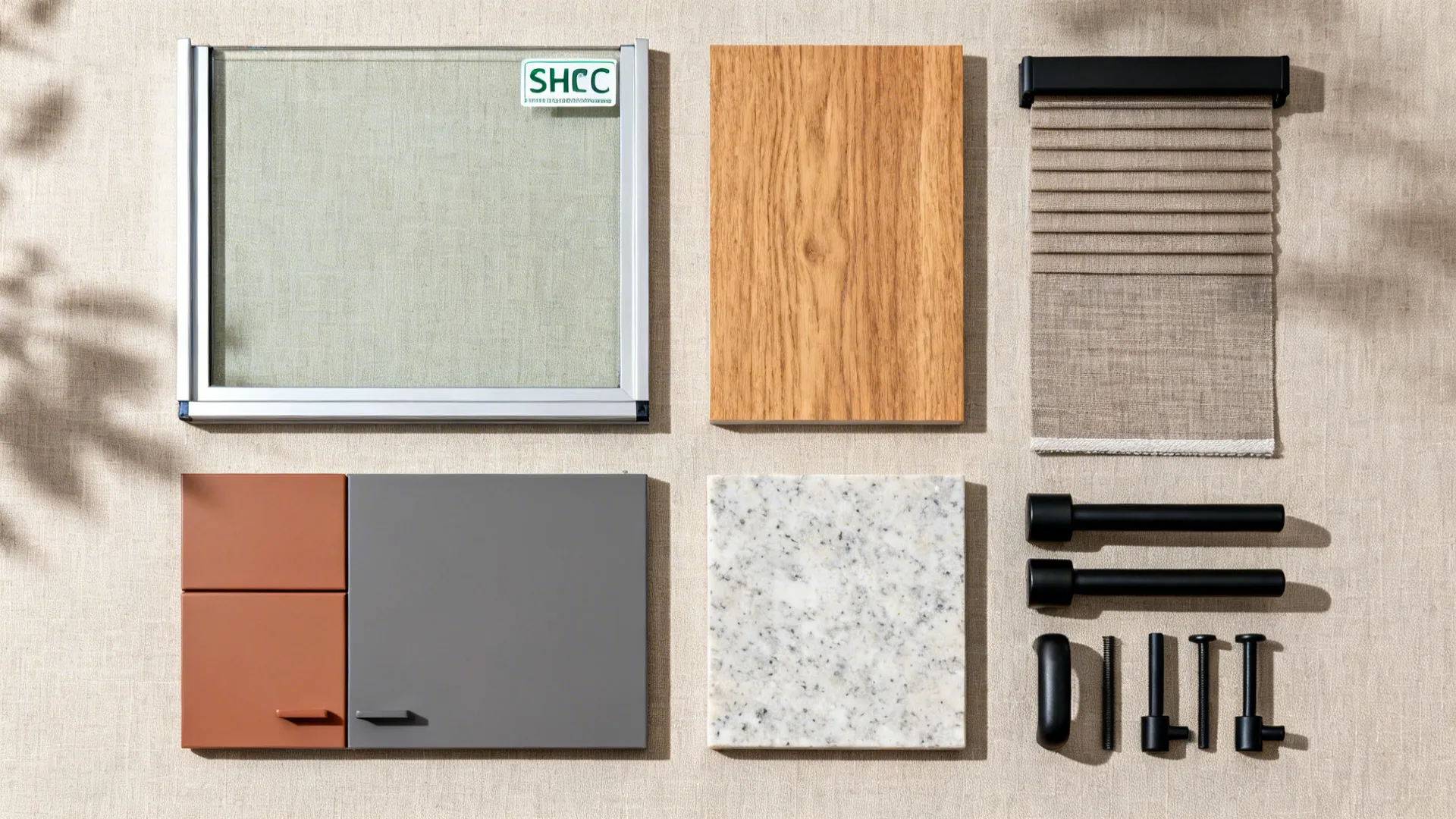 Material samples for interior design including wood panel fabric stone tile and black cabinet hardware