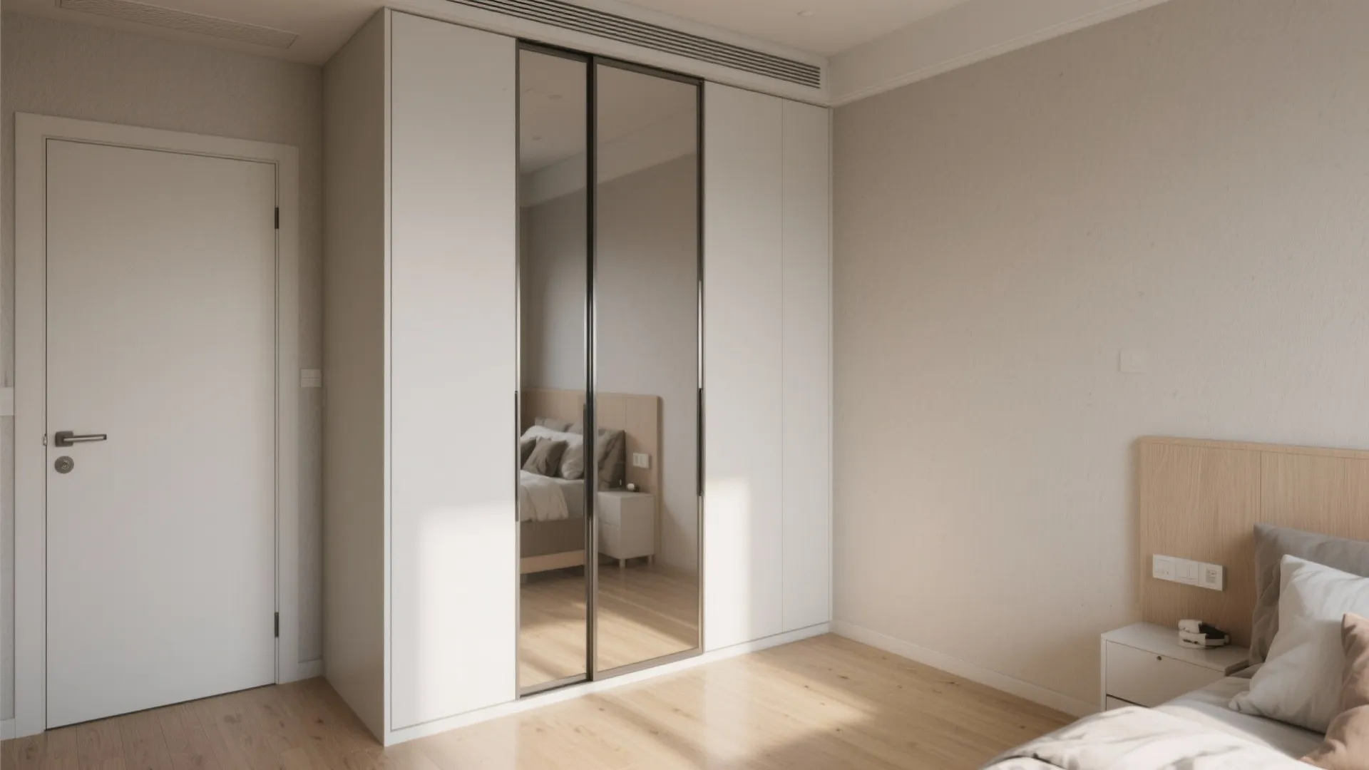 Minimalist white built in wardrobe with large mirror doors in a bedroom with wooden floors
