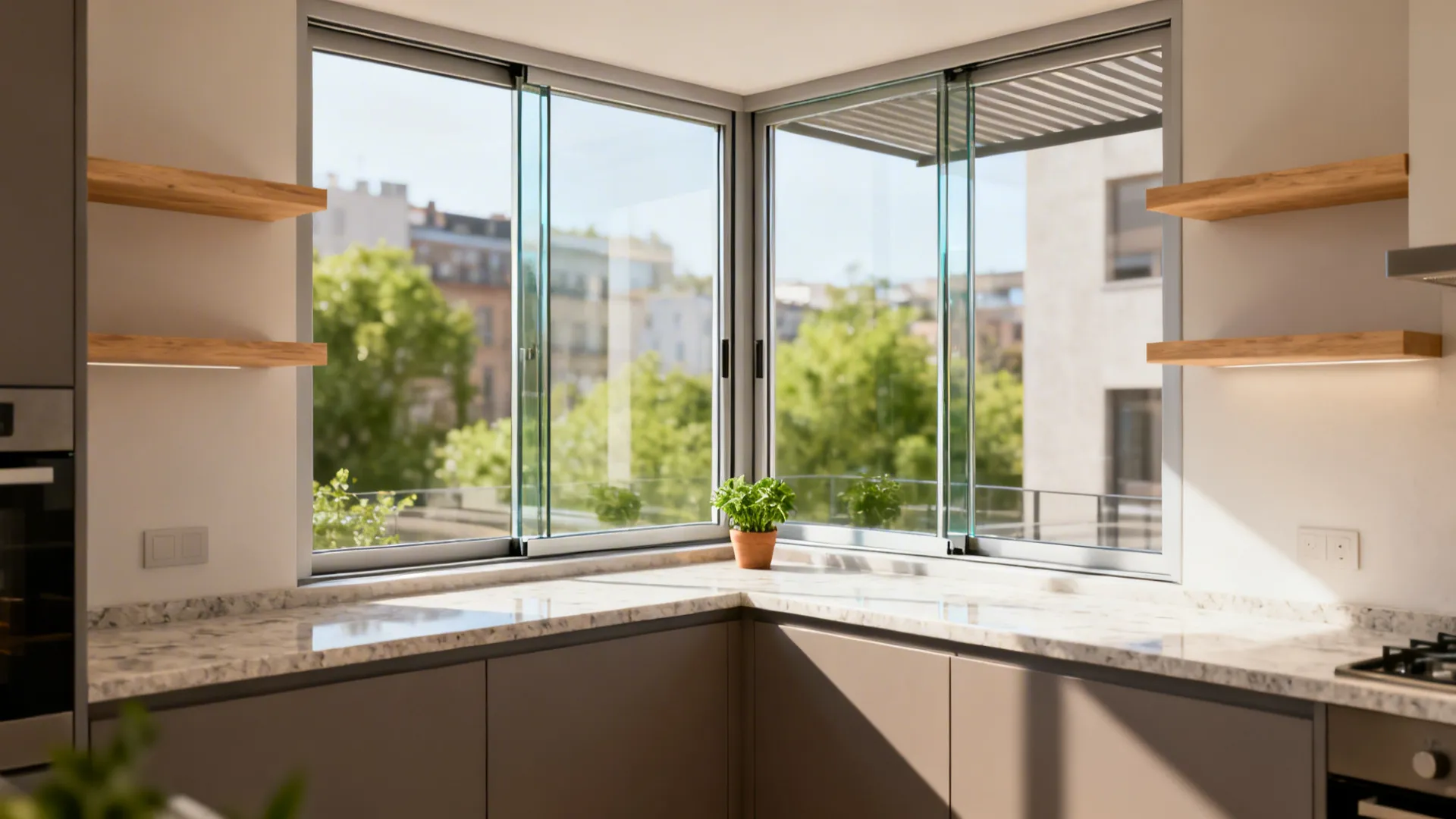 Modern kitchen interior with corner sliding glass windows overlooking green trees and bright city buildings