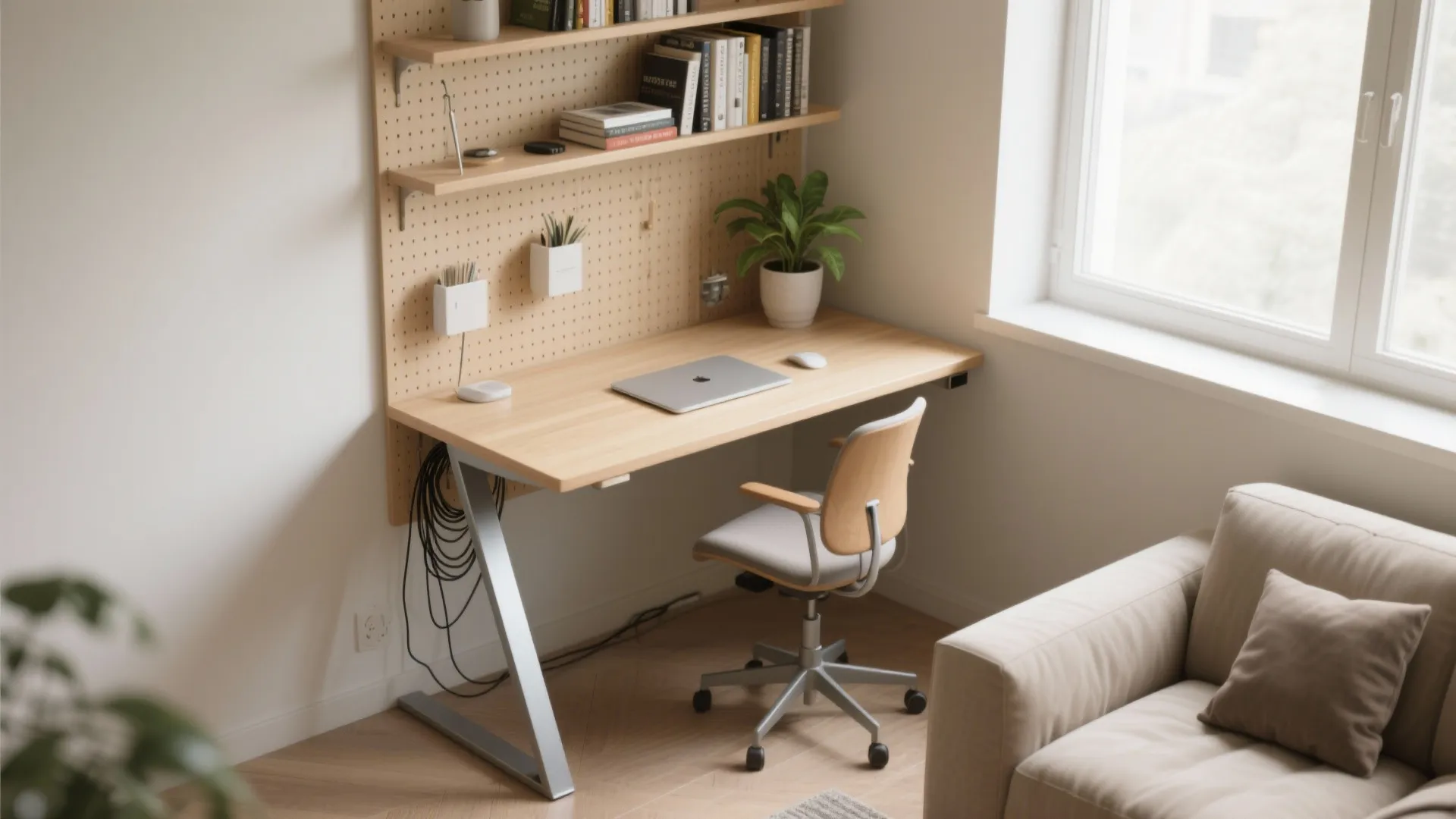 Modern wood desk with laptop and chair near window featuring a pegboard wall for storage