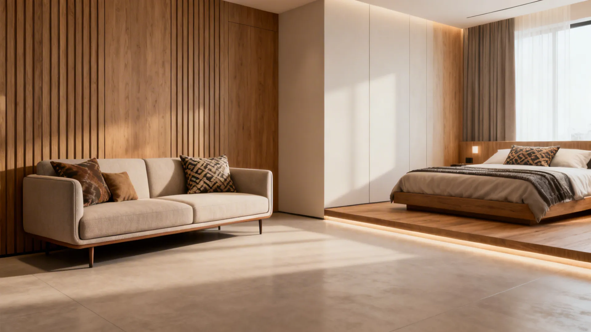 Corner lounge in a master bedroom with a slim two-seater sofa and clear circulation.