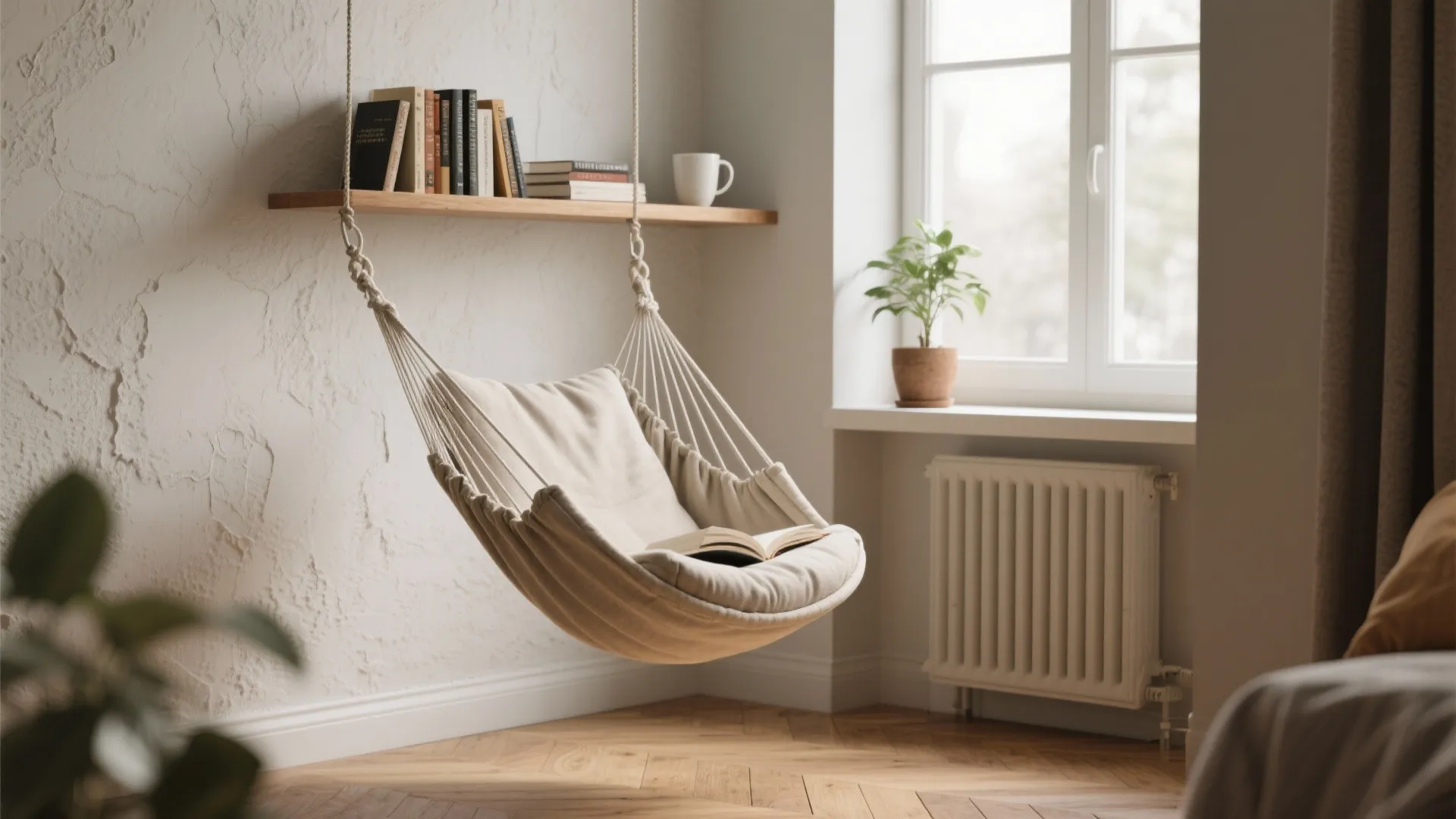Cozy reading corner with a hanging hammock chair next to a window and book shelf