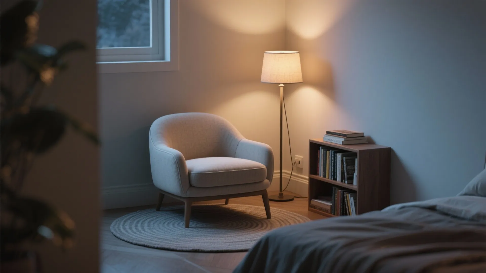 Low-back slipper chair neatly tucked into a bedroom corner beside a lamp, creating a cozy reading nook.